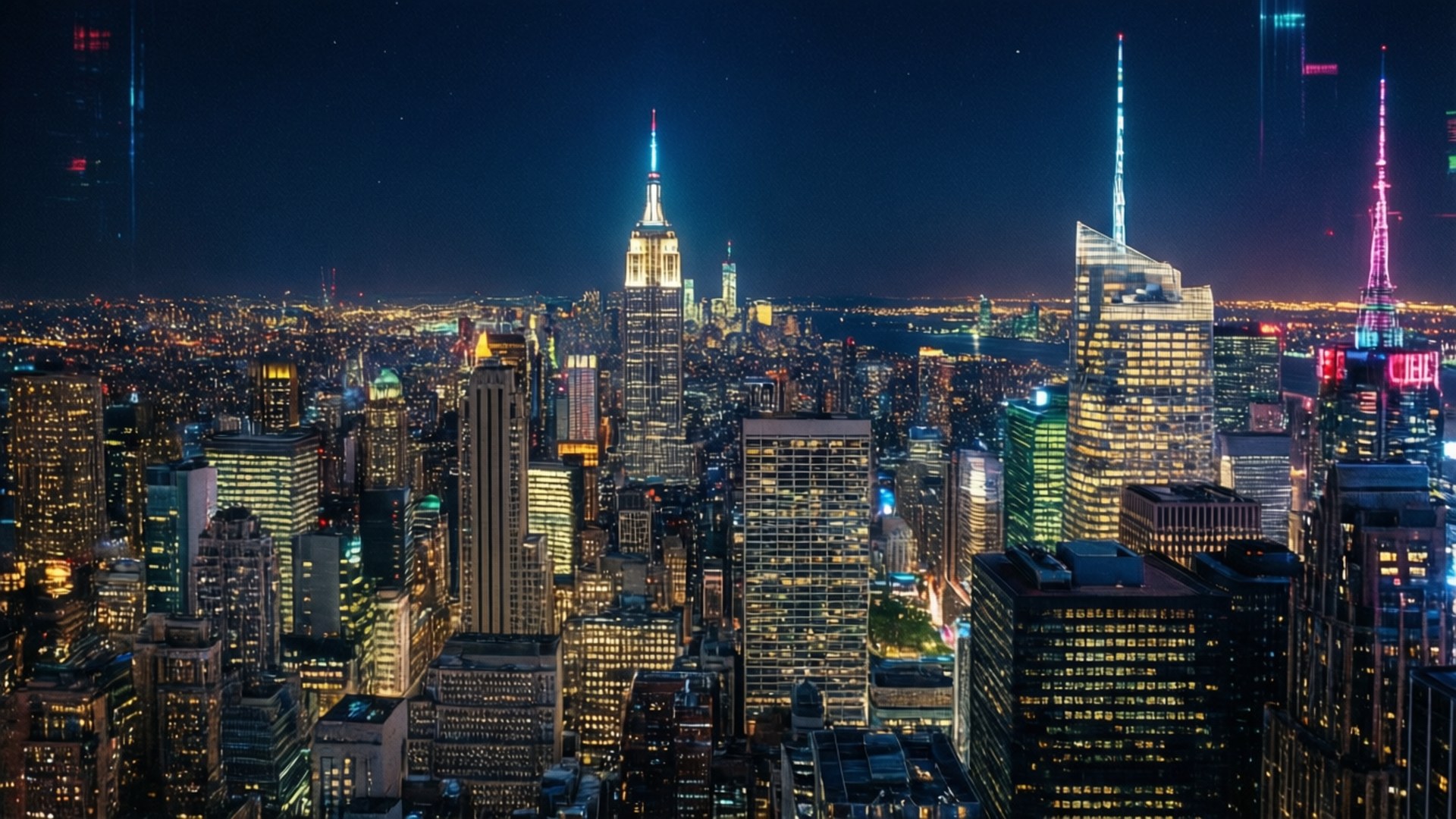 Neon New York Nights 壁紙 — 紐約市璀璨天際線的迷人夜間鳥瞰圖，帝國大廈閃耀奪目。