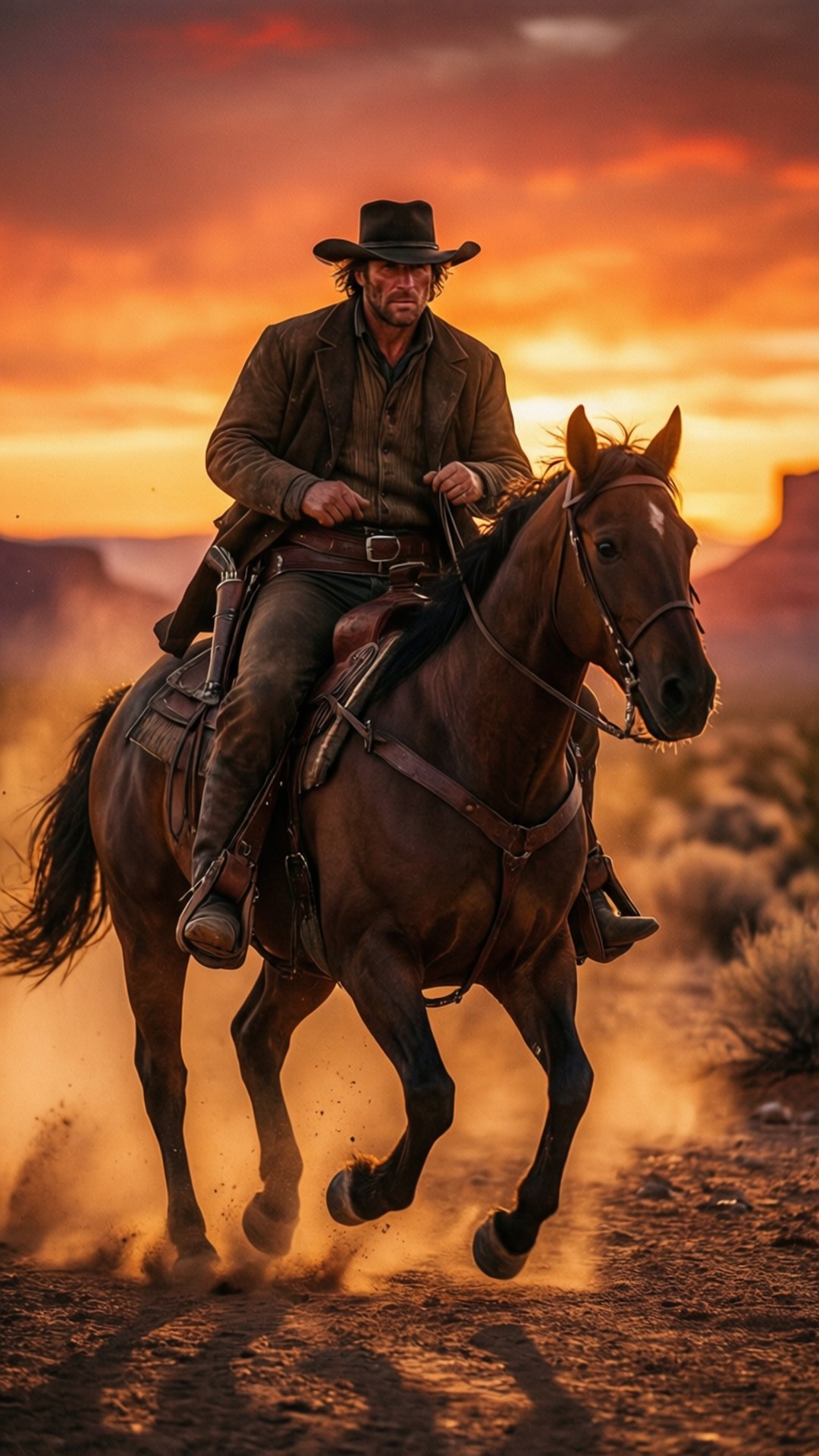 Red Dead Redemption 桌布 壁紙 — 一位牛仔騎著一匹奔騰的棕色馬匹，穿越塵土飛揚的地形，背景是火紅的橙色日落天空。
