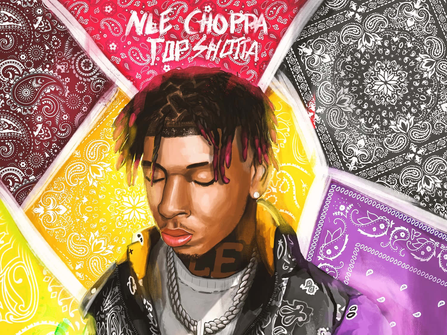 NLE Choppa 桌布 壁紙 — NLE Choppa 的風格化數位肖像，閉上眼睛，周圍環繞著色彩繽紛的佩斯利頭巾圖案。