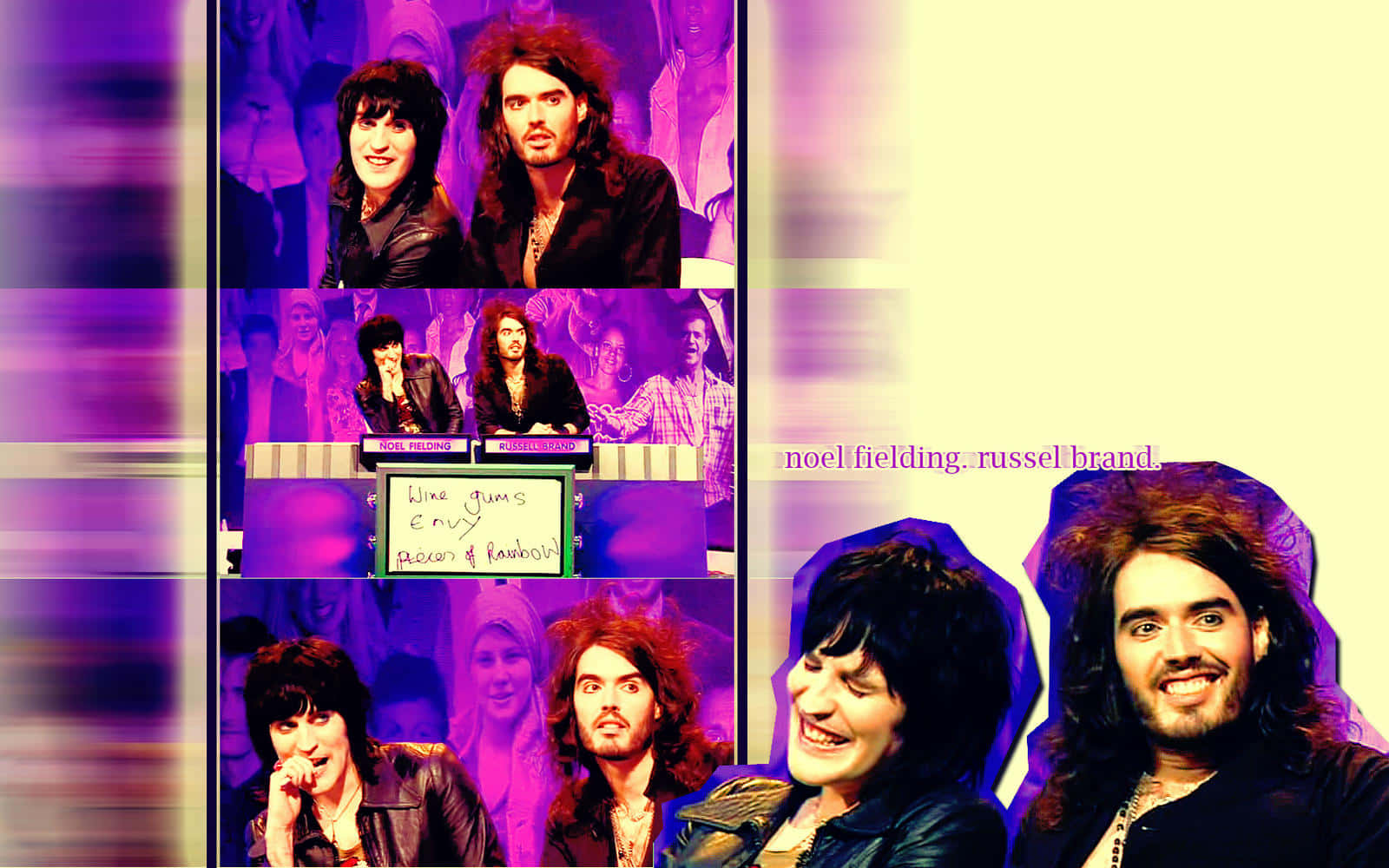 Celebrity 桌布 壁紙 — Noel Fielding 和 Russell Brand 在喜劇短劇中的鮮豔紫色調拼貼畫，帶有粗體文字疊加。