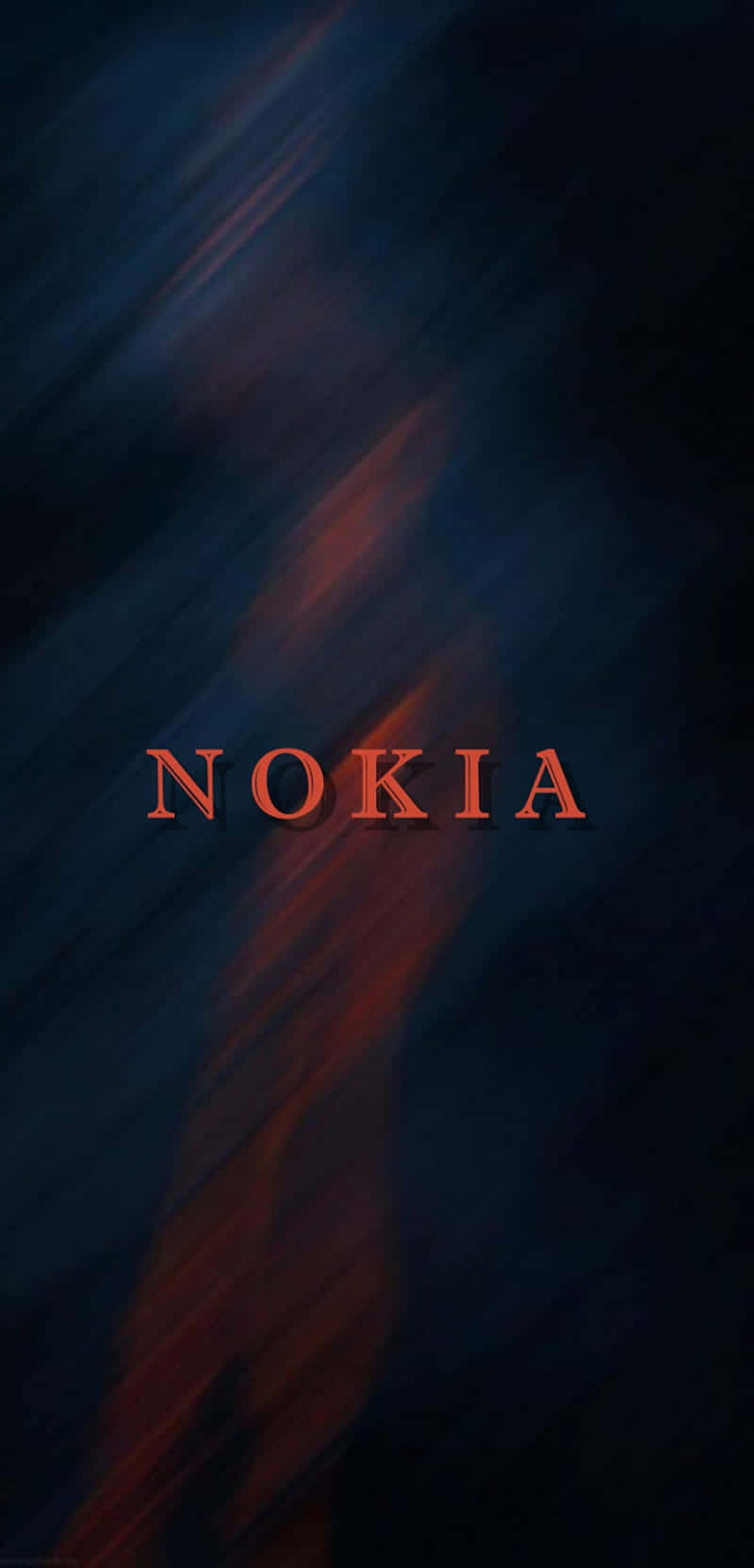 諾基亞 桌布 壁紙 — nokia 這個字在帶有紅色和黑色條紋的深藍色抽象背景上發出橙色光芒。