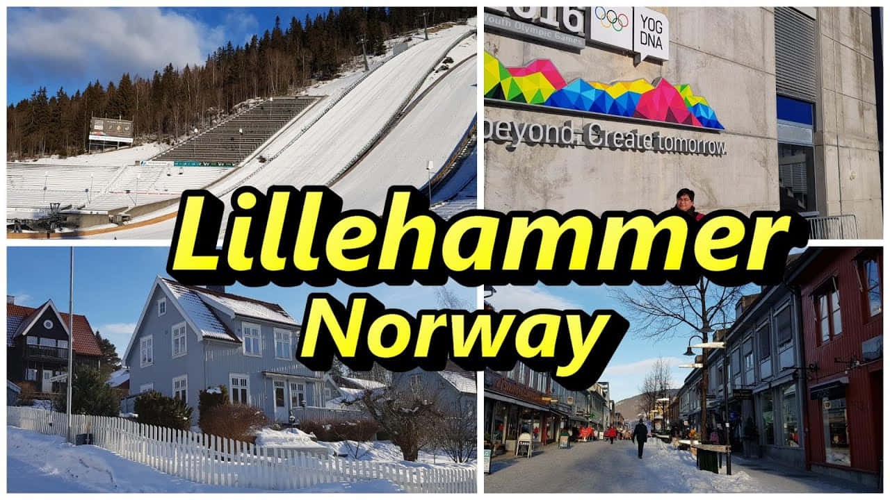 Lillehammer 桌布 壁紙 — 挪威利勒哈默爾的雪景拼貼畫，展示跳台滑雪場、傳統房屋和帶有奧林匹克品牌標誌的市中心街道。
