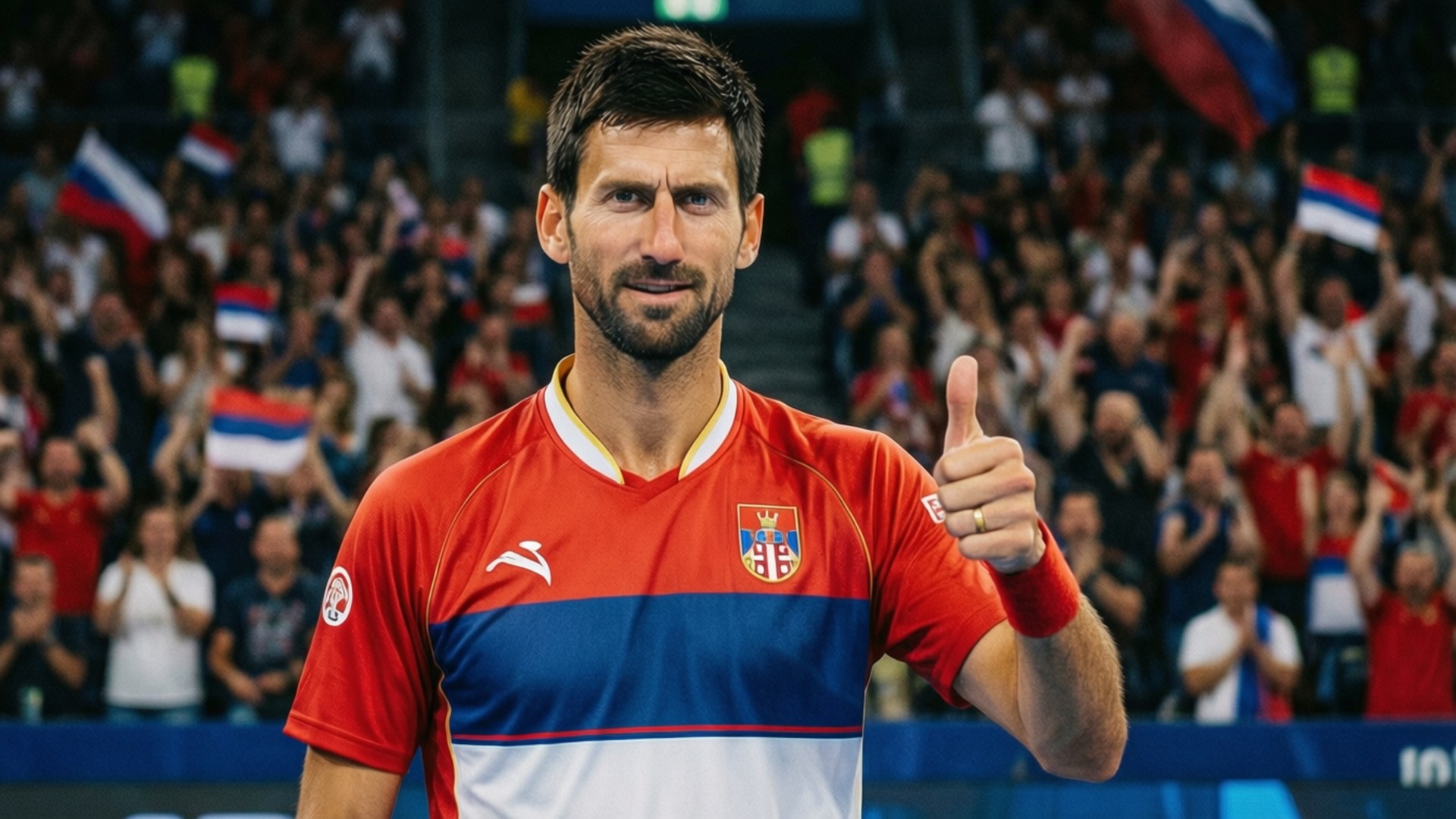 Proud Serbian 壁紙 — 諾瓦克·喬科維奇身穿紅藍白塞爾維亞網球球衣，向揮舞塞爾維亞國旗的歡呼人群豎起大拇指。