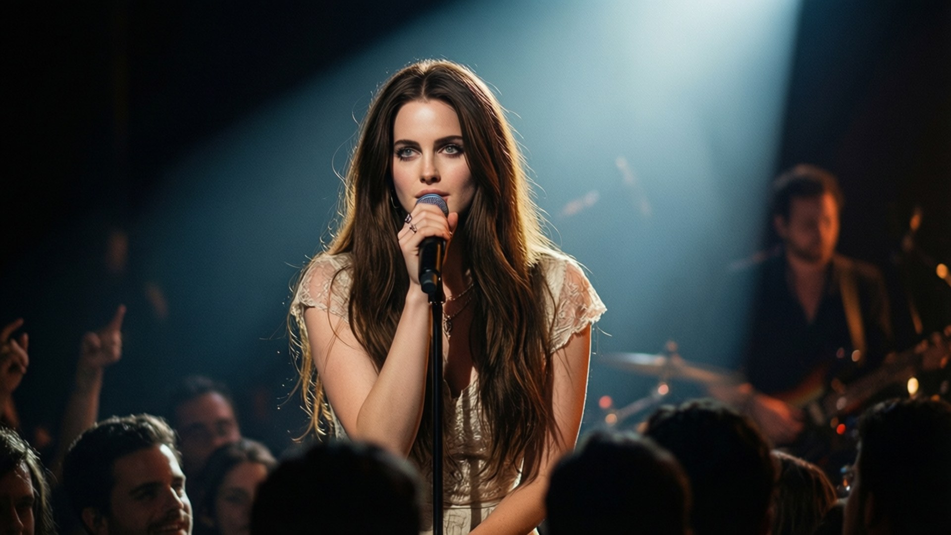 lana del rey 桌布 壁紙 — 一位長棕髮女歌手在昏暗的舞台上，於聚光燈下熱情地對著麥克風演唱，背景有觀眾和樂隊。