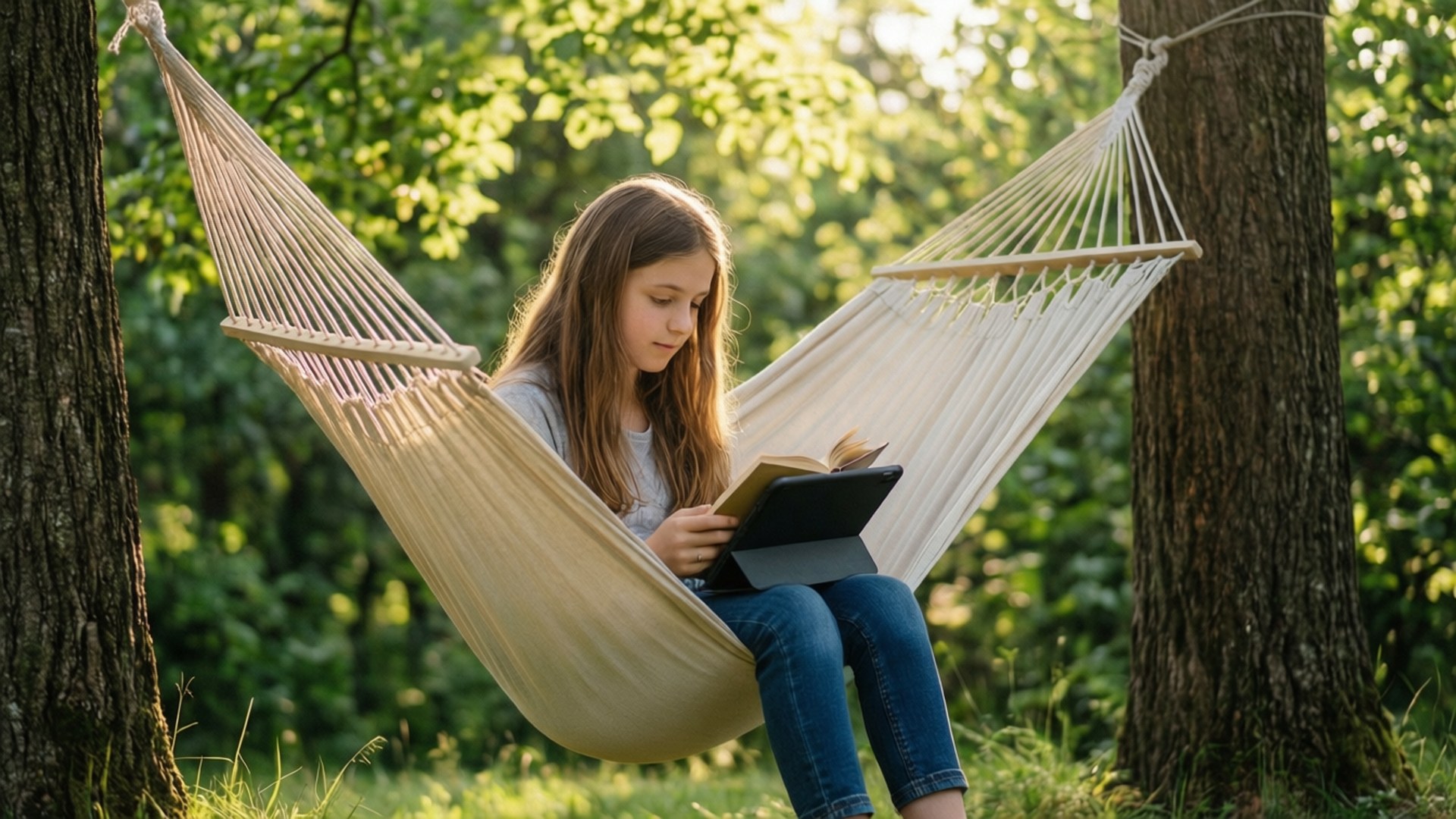 Nature’s Digital Reader 壁紙 — 一個年輕女孩在陽光明媚的森林空地上，在兩棵樹之間掛著的米色吊床上看書。