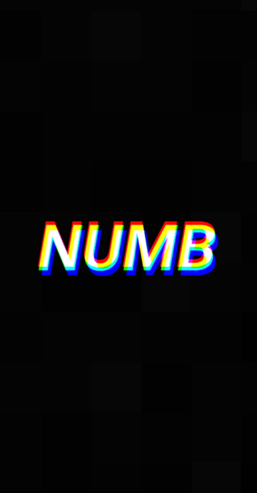 mood 桌布 壁紙 — 「NUMB」這個字在純黑色像素背景上發出充滿活力的彩虹故障效果光芒。