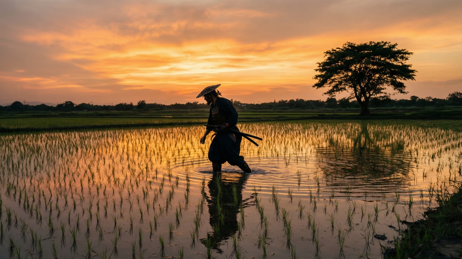 Ronin 桌布 壁紙 — 農夫走過夕陽下的水田，一棵孤樹在火紅的橙色天空襯托下形成剪影。