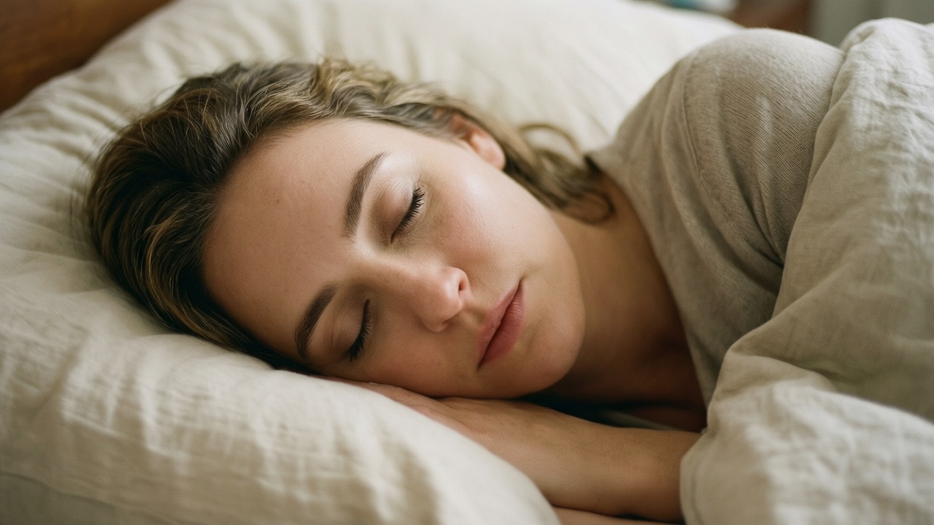Peaceful Sleep 壁紙 — 一個頭髮凌亂的女人，包裹在柔軟的米色亞麻床單中，安詳地睡在白色枕頭上。