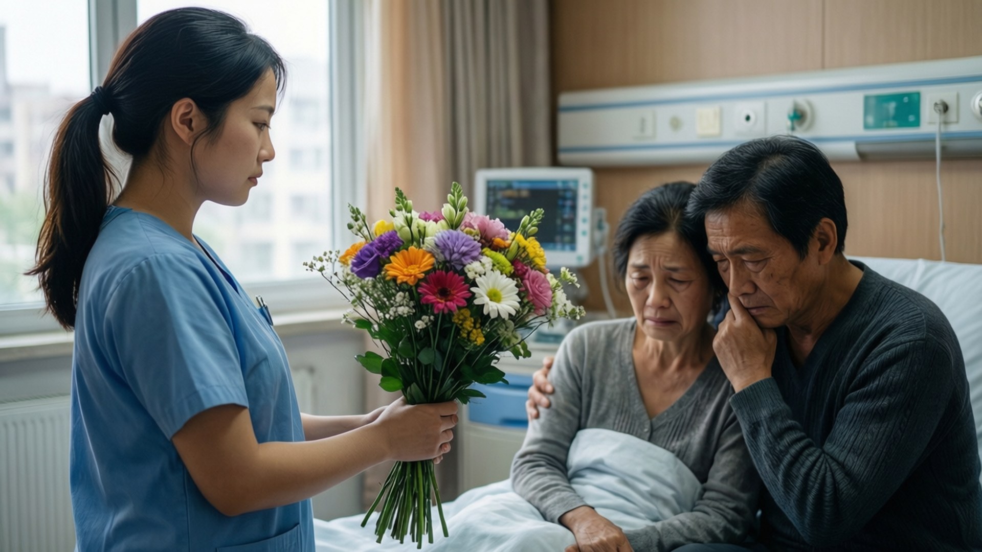 Altruism 桌布 壁紙 — 一名護士在可見醫療設備的病房中，向一對悲傷的夫婦獻上一束充滿活力的花束。