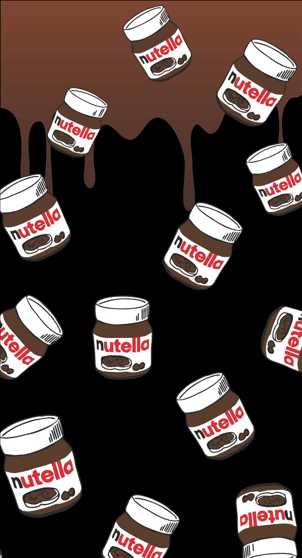 Cute Food iPhone 桌布 壁紙 — Nutella 罐漂浮並在黑色背景上滴落巧克力，形成有趣的重复圖案。