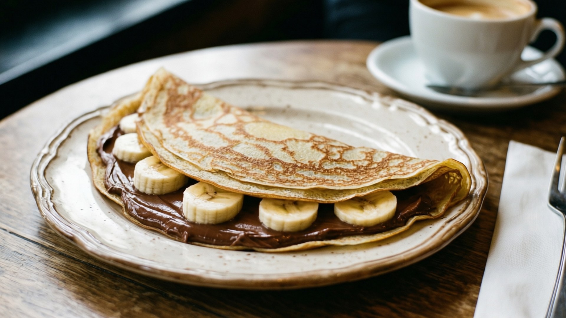 Nutella 香蕉法式可麗餅 壁紙 — 一塊金黃色的可麗餅折疊著巧克力醬和香蕉片，放在一個鄉村風格的盤子上，旁邊有一杯咖啡。