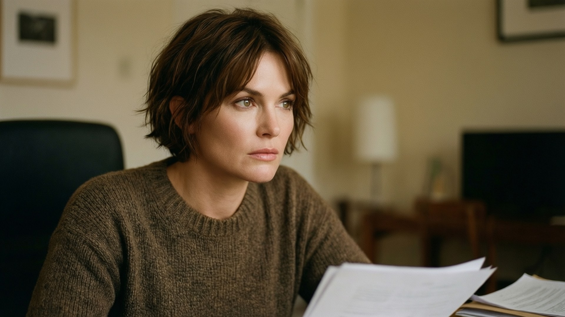 Thoughtful Short Hair 壁紙 — 一位短棕髮女性坐在書桌前，在溫暖照明的家庭辦公室中審閱文件。