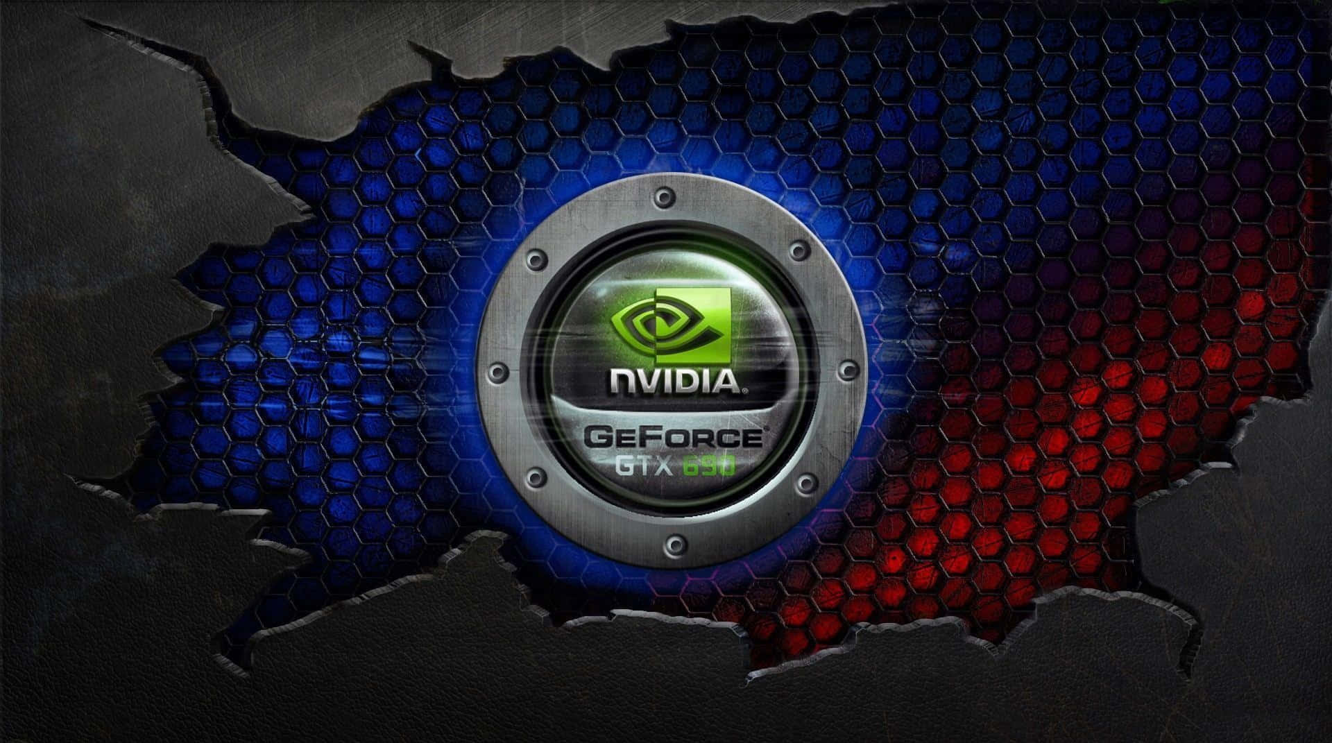 nvidia 桌布 壁紙 — Nvidia GeForce GTX 650 標誌居中於金屬圓形框架中，突破黑暗牆壁，露出藍色和紅色的六角形網格背景。