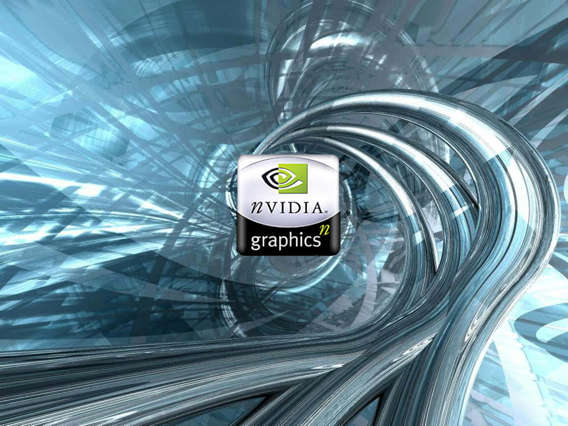 nvidia 桌布 壁紙 — Nvidia 圖形標誌居中於一個旋轉的金屬藍色抽象隧道中，帶有玻璃般的反射。