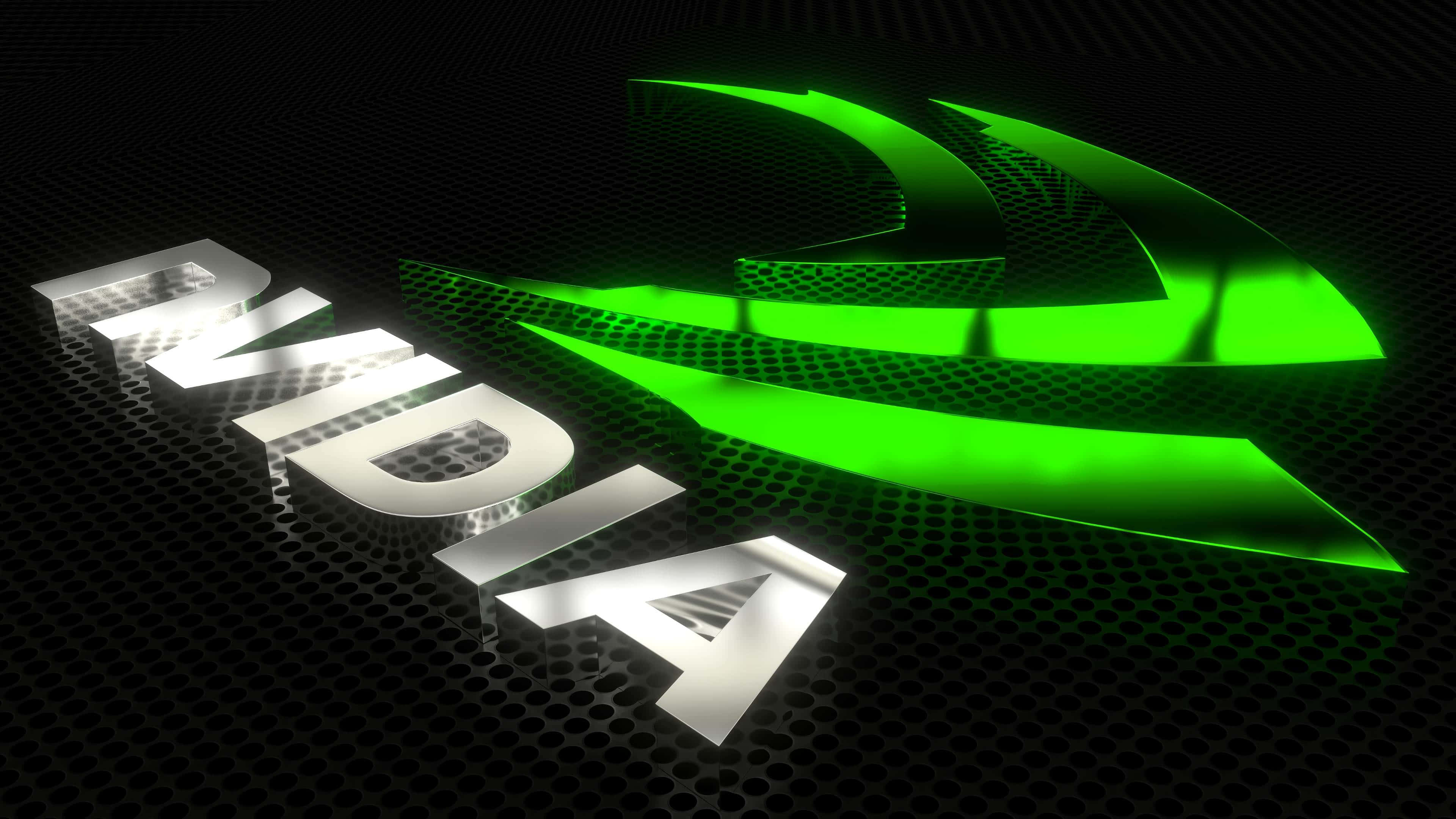 Nvidia 4K UHD 桌布 壁紙 — Nvidia 標誌，帶有發光的綠色箭頭和銀色文字，位於黑色穿孔金屬表面上。