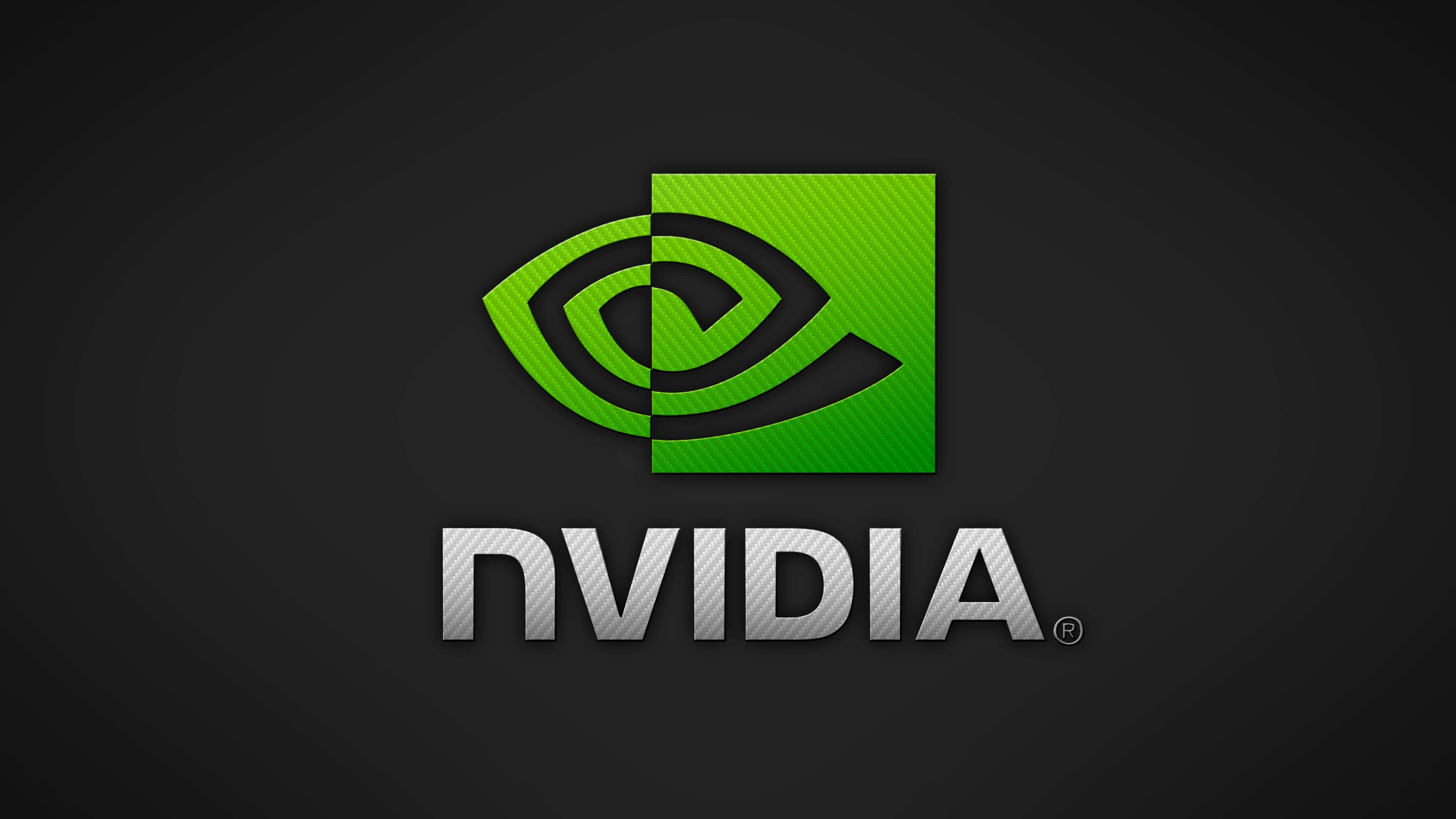 nvidia 桌布 壁紙 — Nvidia 標誌，帶有綠色眼睛符號和銀色文字，背景為深色漸變。
