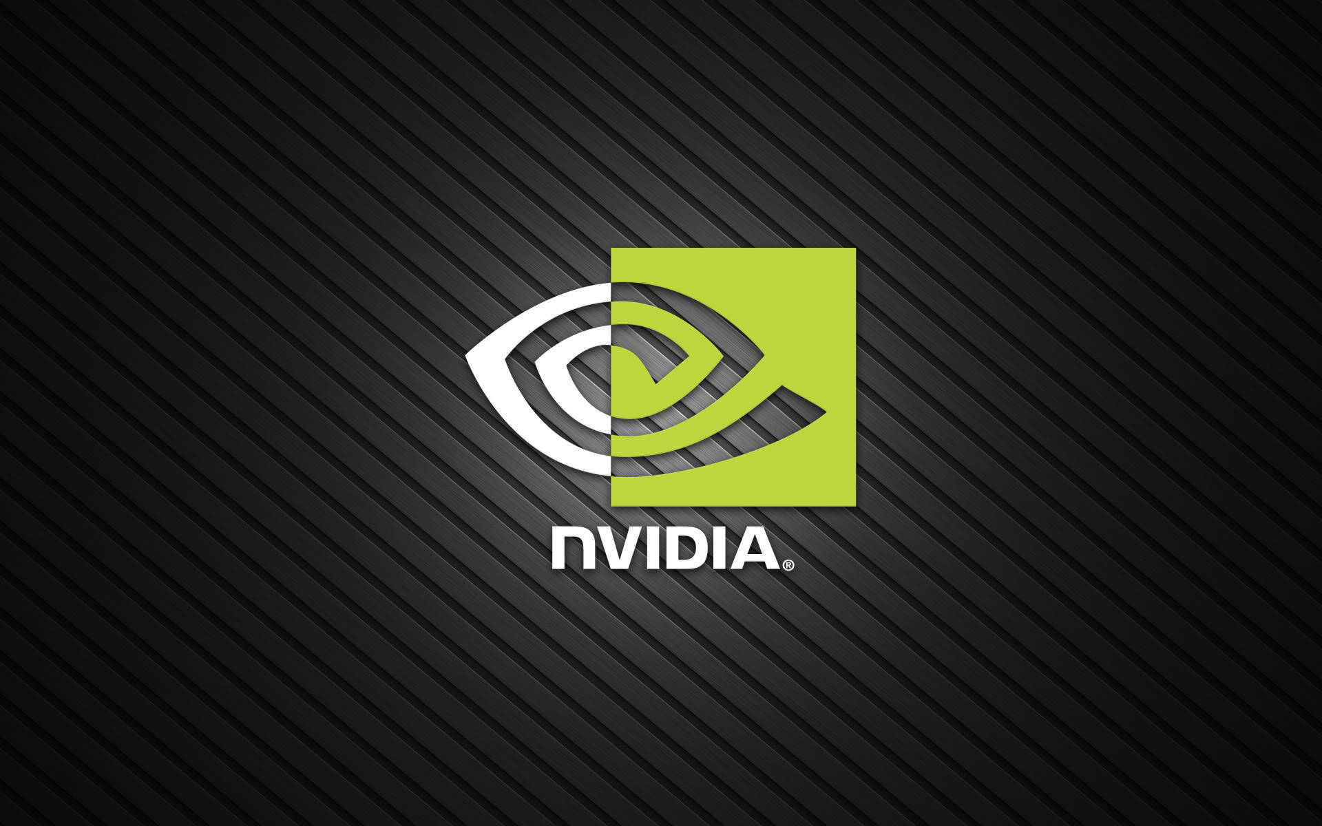 nvidia 桌布 壁紙 — Nvidia 標誌，綠色和白色眼睛符號居中在深灰色對角線條紋背景上。