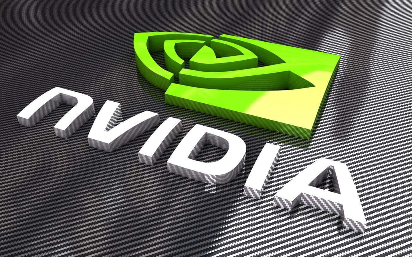 nvidia 桌布 壁紙 — Nvidia 標誌以亮綠色和白色 3D 字體呈現，放置在帶有紋理的碳纖維表面上，光線銳利。
