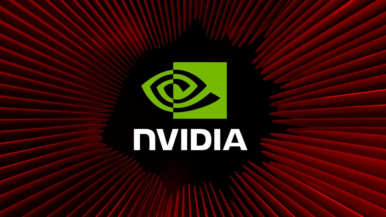 nvidia 桌布 壁紙 — Nvidia 標誌以粗體綠色和白色居中，背景為動態的紅色放射狀爆發。