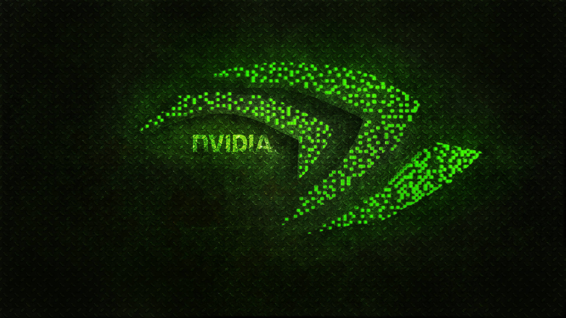 nvidia 桌布 壁紙 — Nvidia 標誌在深色紋理背景上以鮮豔的綠色像素點發光。