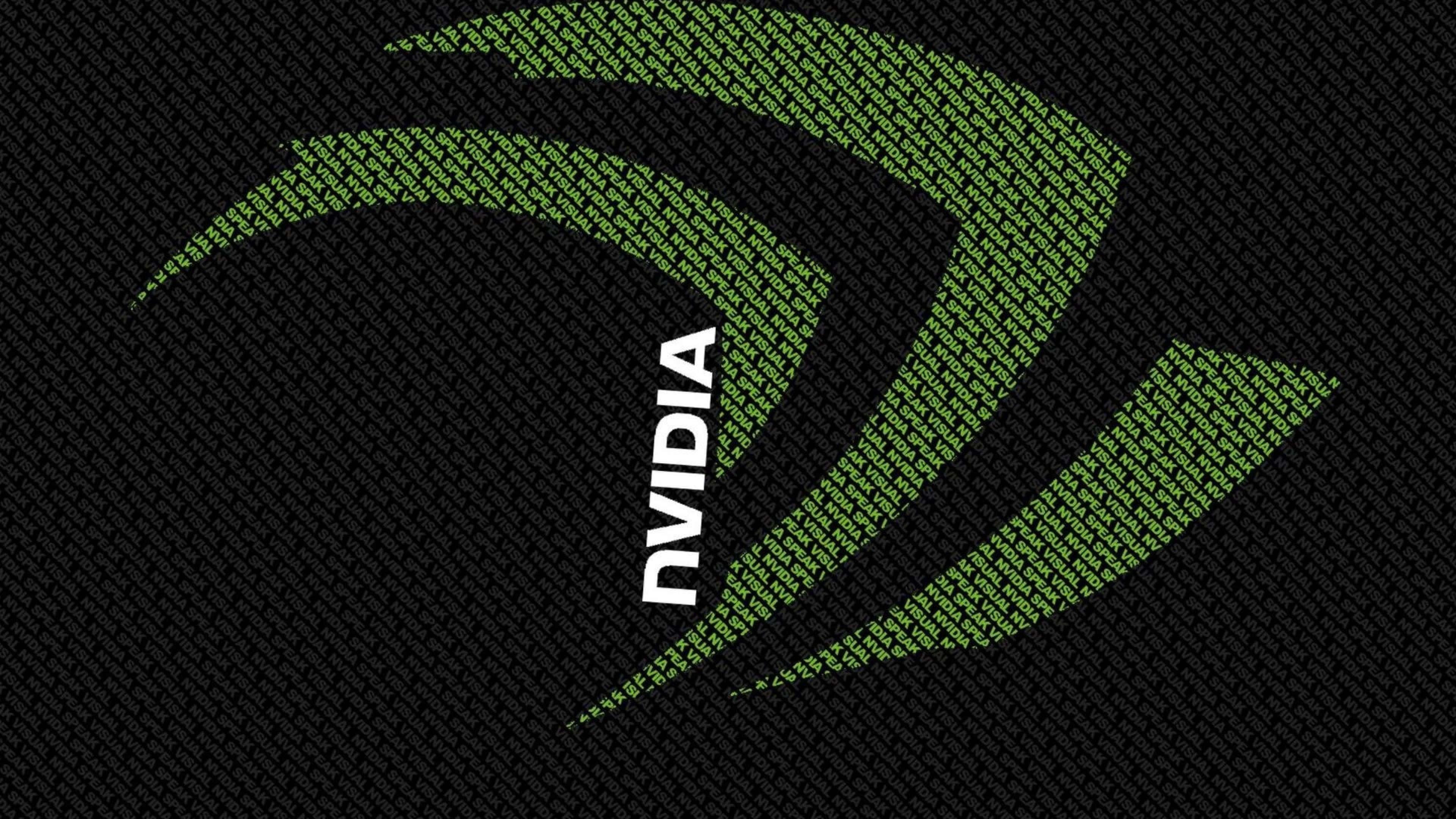 Nvidia 4K UHD 桌布 壁紙 — Nvidia 標誌由綠色二進位代碼在深色紋理背景上形成。