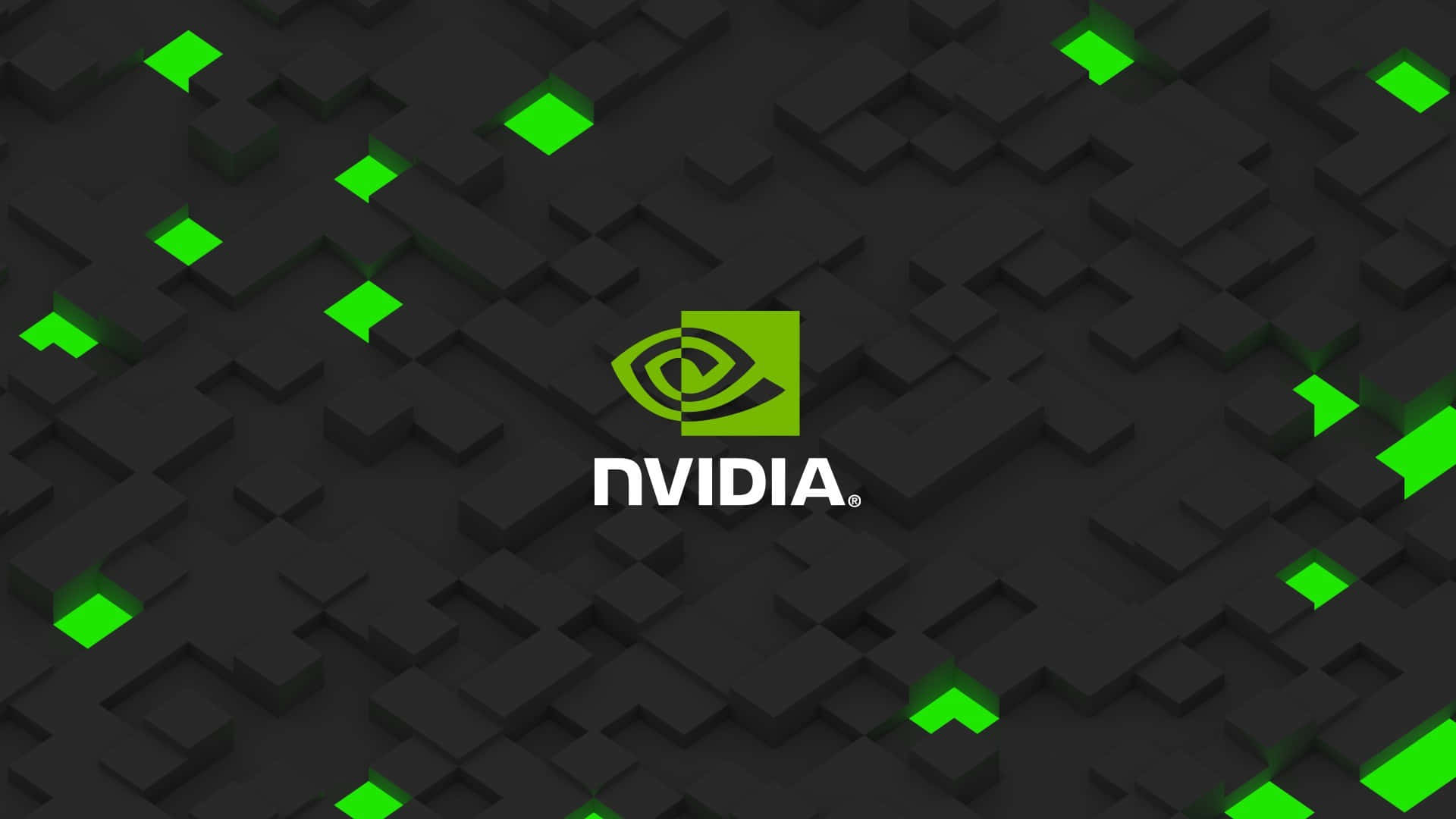 nvidia 桌布 壁紙 — Nvidia 標誌置中於深色幾何圖案上，帶有發光的綠色方塊。