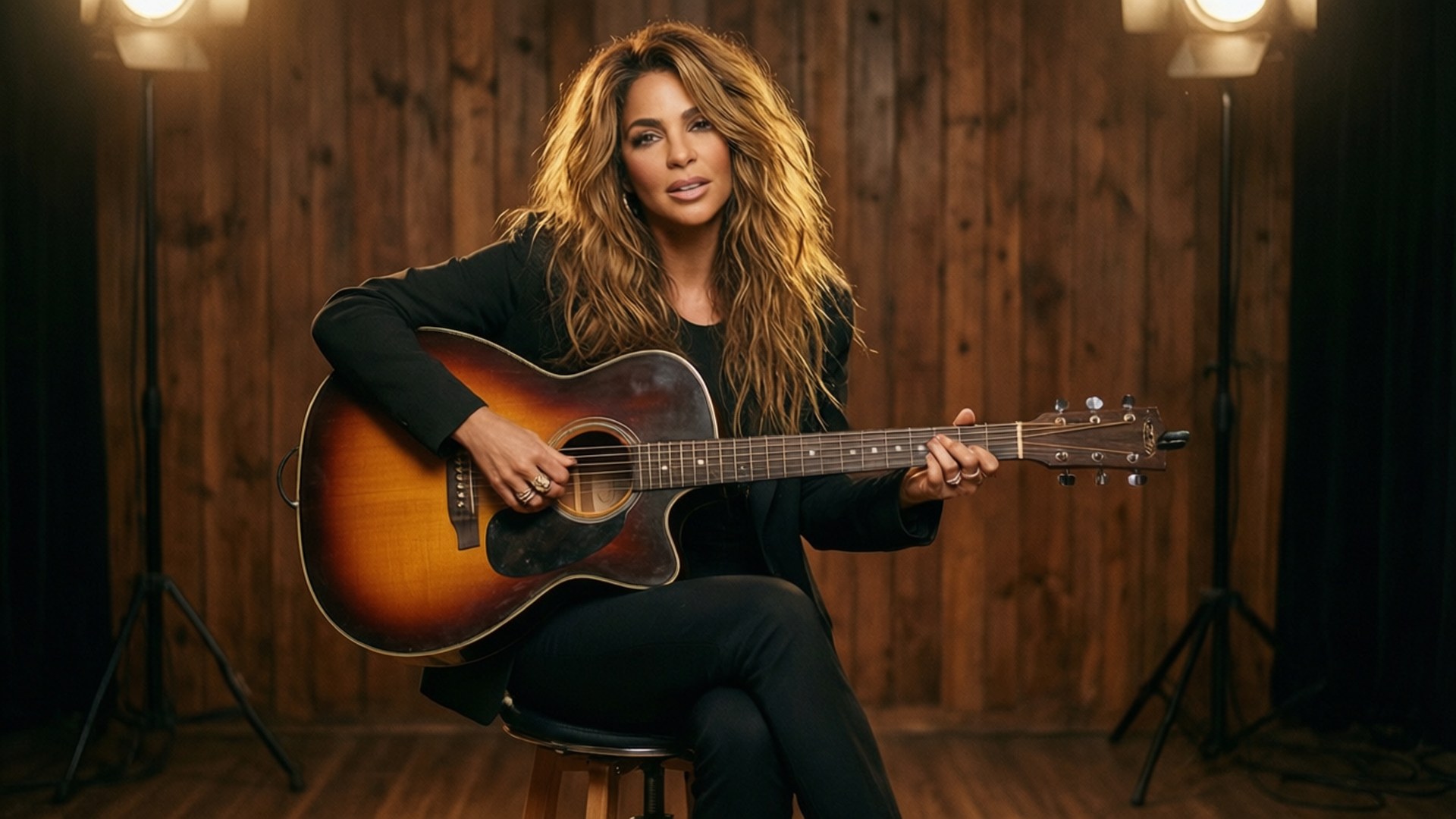 Shakira Acoustic Session 壁紙 — 一位長波浪髮的女性坐在凳子上，抱著一把原聲吉他，靠著由攝影棚燈光照亮的木牆。