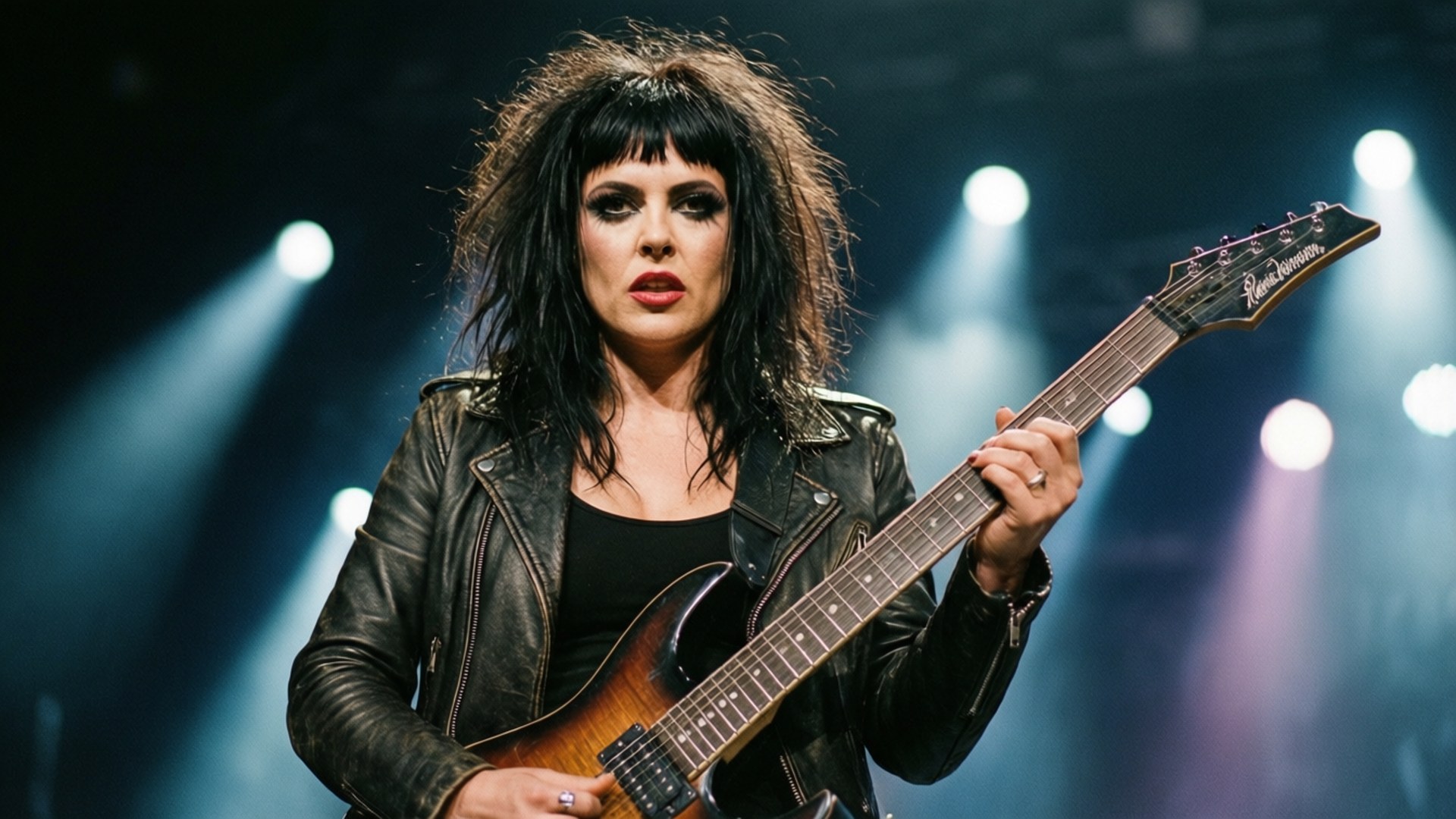 Rock Star Attitude 壁紙 — 一位深色頭髮、妝容大膽的女性在明亮的舞台燈光下彈奏一把旭日紋電吉他。