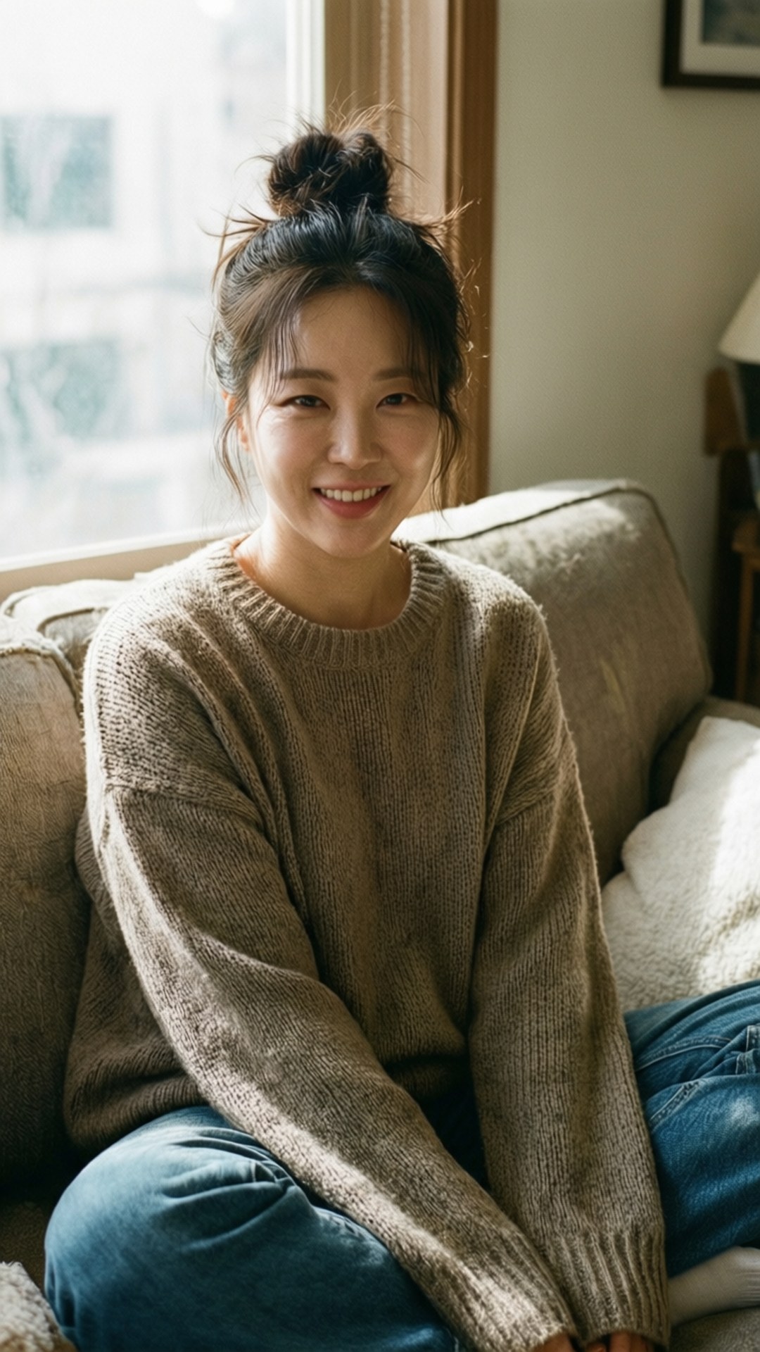 Casual Cozy 壁紙 — 一位深色頭髮、紮著凌亂髮髻的女性，在陽光充足的房間裡坐在米色沙發上，溫暖地微笑。