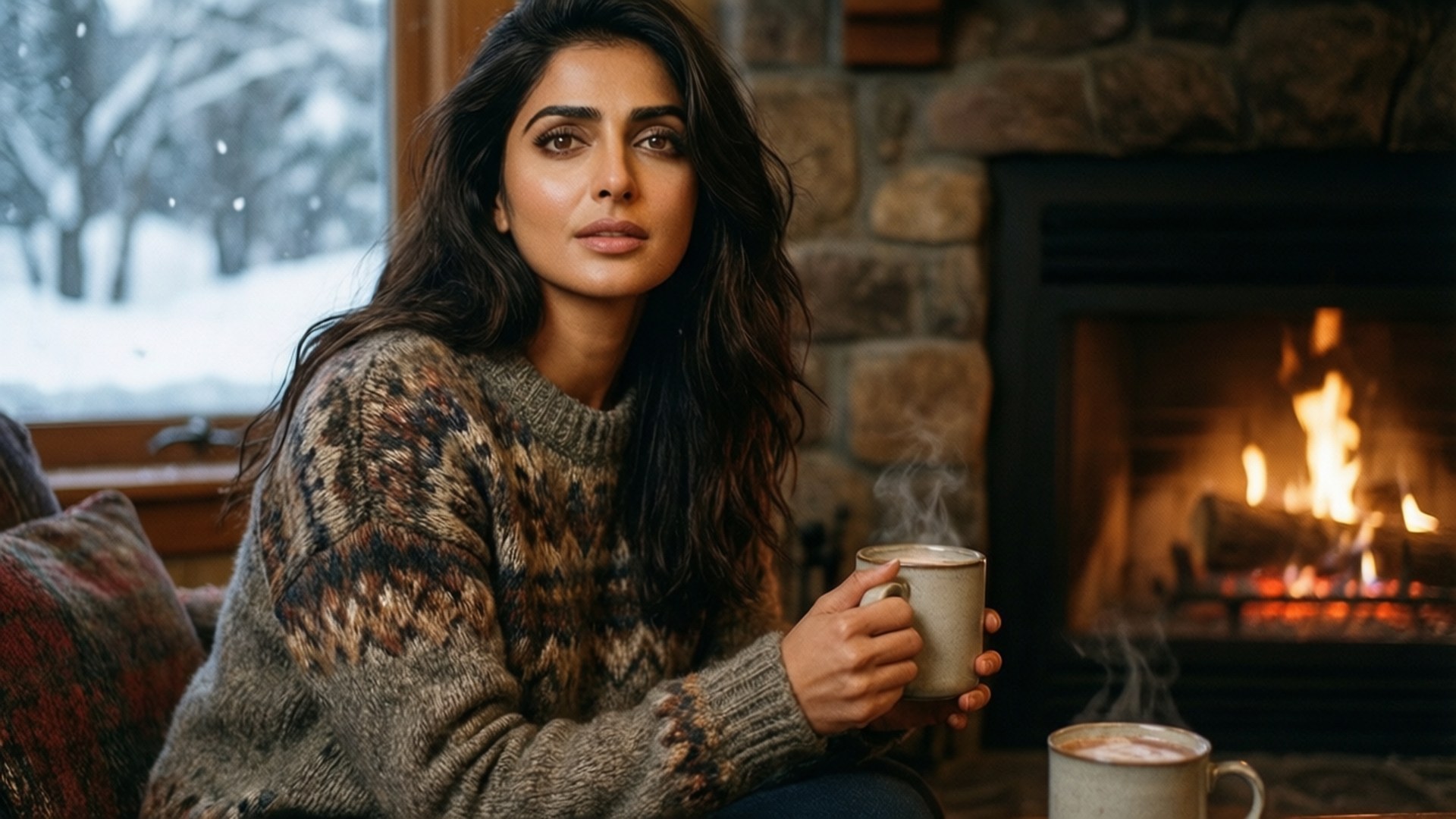 Cozy Winter Vibes 壁紙 — 一位穿著圖案毛衣的女性，在石砌壁爐旁拿著冒熱氣的杯子，窗外可見積雪。
