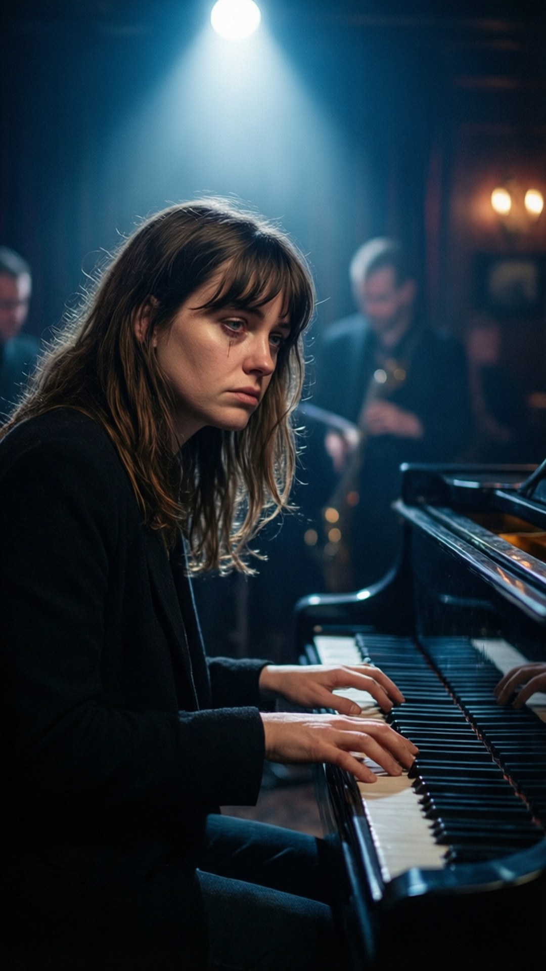 Riley at the Piano 壁紙 — 一位頭髮凌亂的棕髮女性在昏暗的爵士俱樂部中，在單一聚光燈下彈奏三角鋼琴，身後有模糊的音樂家。
