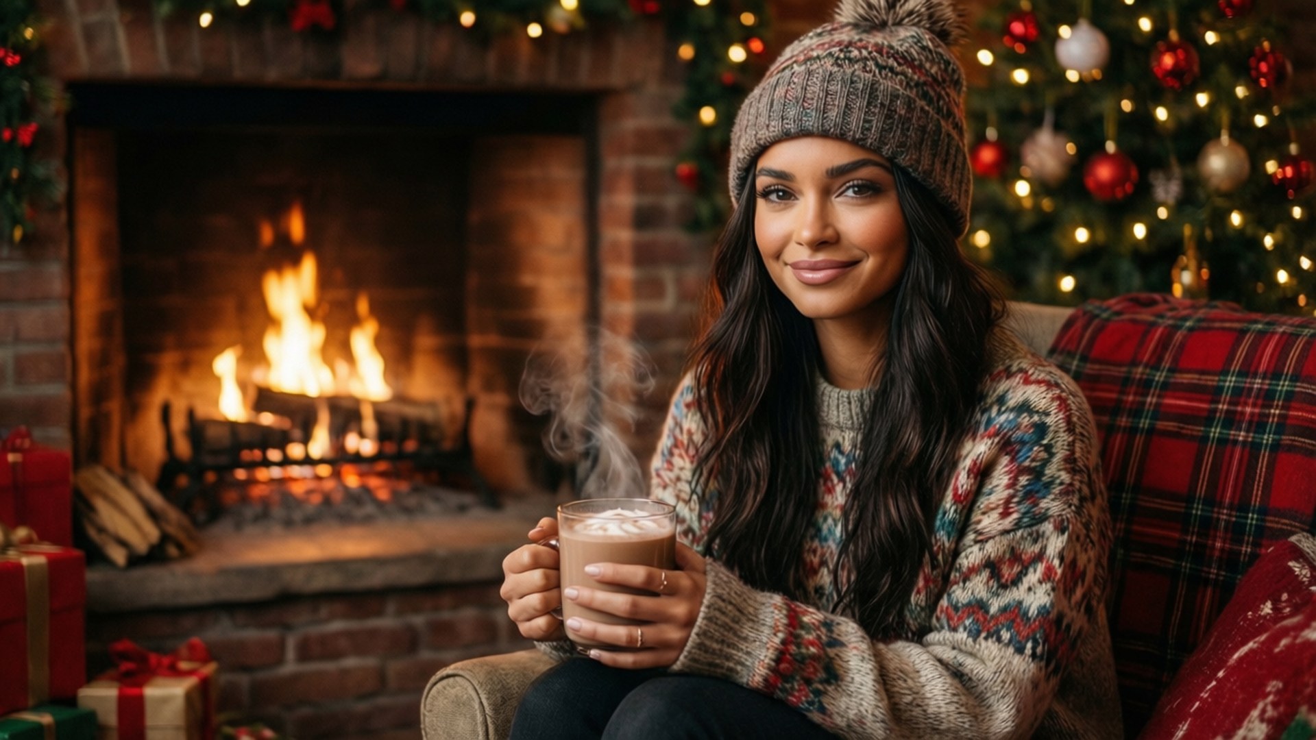 Winter Cozy 壁紙 — 一位戴著針織帽和節日毛衣的女性微笑著，手持冒熱氣的杯子，旁邊是熊熊燃燒的壁爐，背景有裝飾好的聖誕樹。