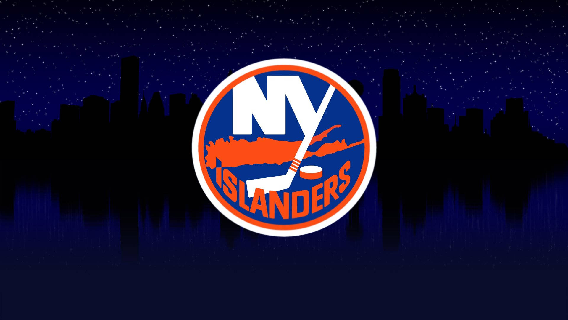New 桌布 壁紙 — NY Islanders 標誌在星空夜景中發光，襯托城市剪影和水面倒影。