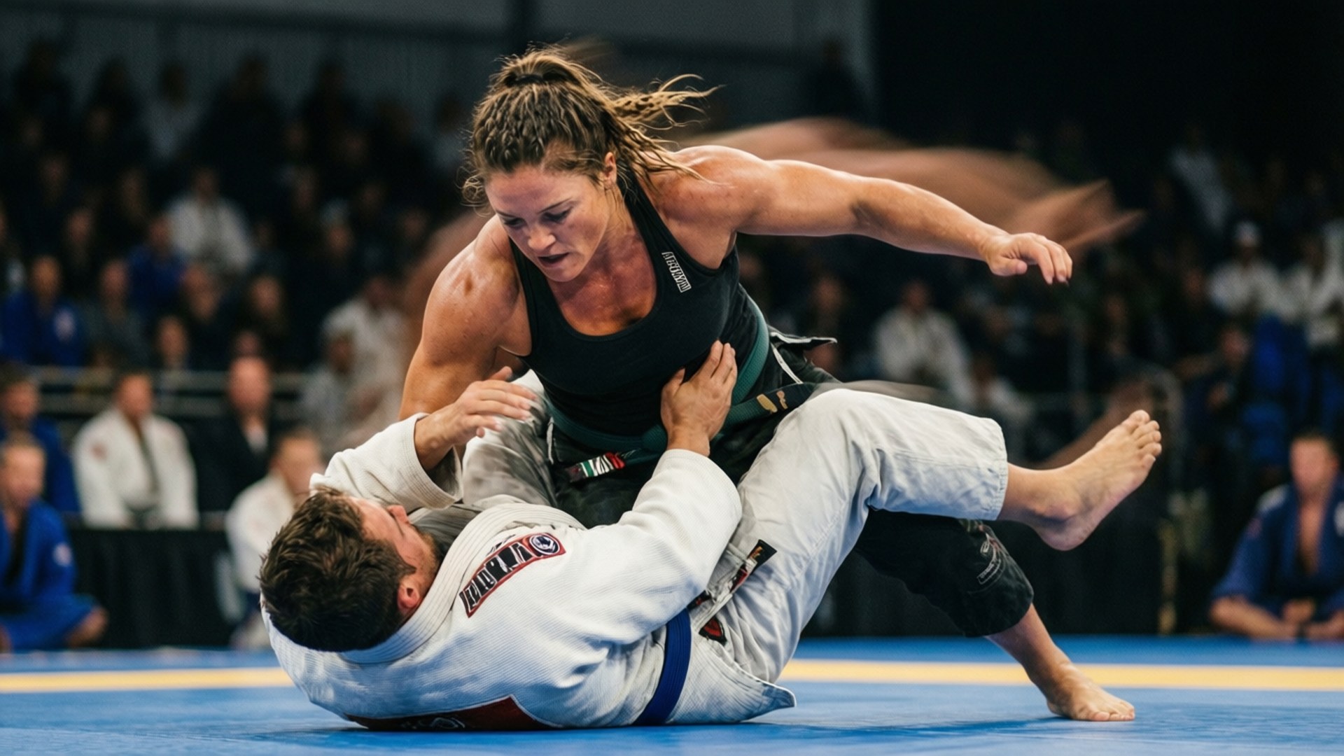 Judo Throw Action 壁紙 — 一位身穿黑色上衣的女柔道運動員在藍色墊子上對一位身穿白色柔道服的男對手執行一個動態的摔倒動作。