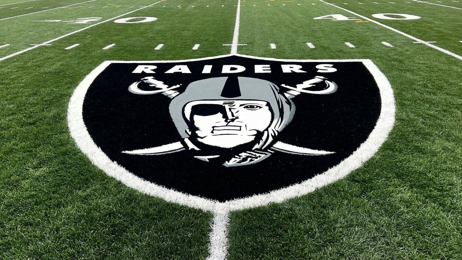 Raider 桌布 壁紙 — 奧克蘭突襲者隊標誌的黑白特寫，繪製在充滿活力的綠色足球場草地上。