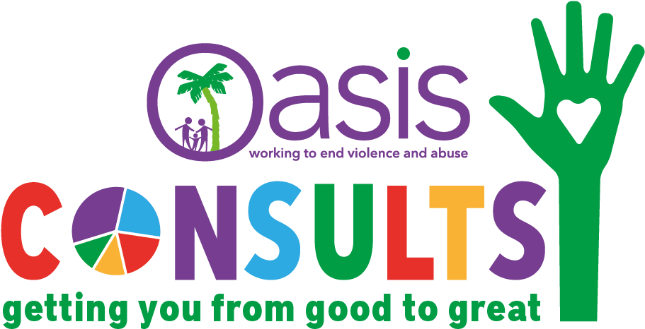綠洲 桌布 壁紙 — Oasis Consults 的彩色標誌，包含棕櫚樹圖標、彩虹圓餅圖和帶有心形鏤空的綠色手。