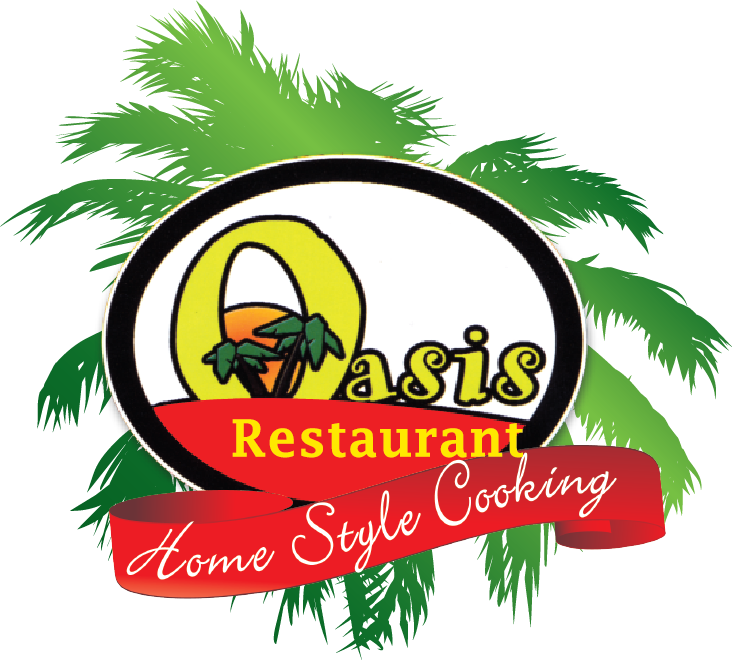 綠洲 桌布 壁紙 — Oasis Restaurant 的彩色標誌，橢圓形框內有棕櫚樹和日落，紅色橫幅上寫著 Home Style Cooking。