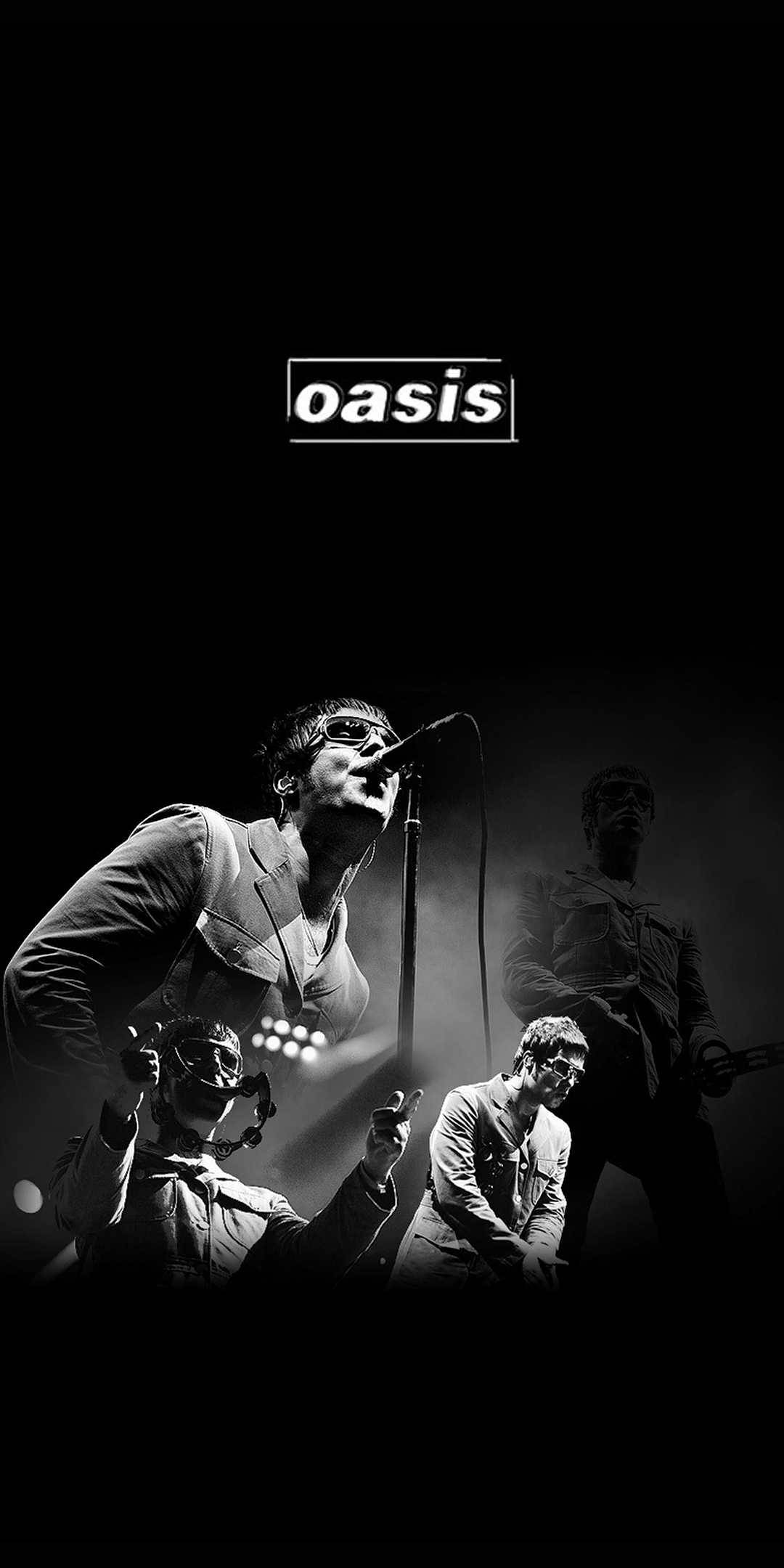 綠洲 桌布 壁紙 — Oasis 樂團成員在舞台燈光下表演的黑白演唱會照片，帶有戲劇性的陰影。
