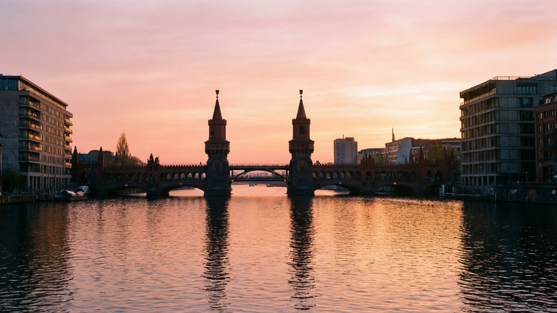 Spree River Sunrise 壁紙 — 柏林奧伯鮑姆橋在日落時閃耀著溫暖的粉紅色和橙色色調，映照在平靜的施普雷河上。