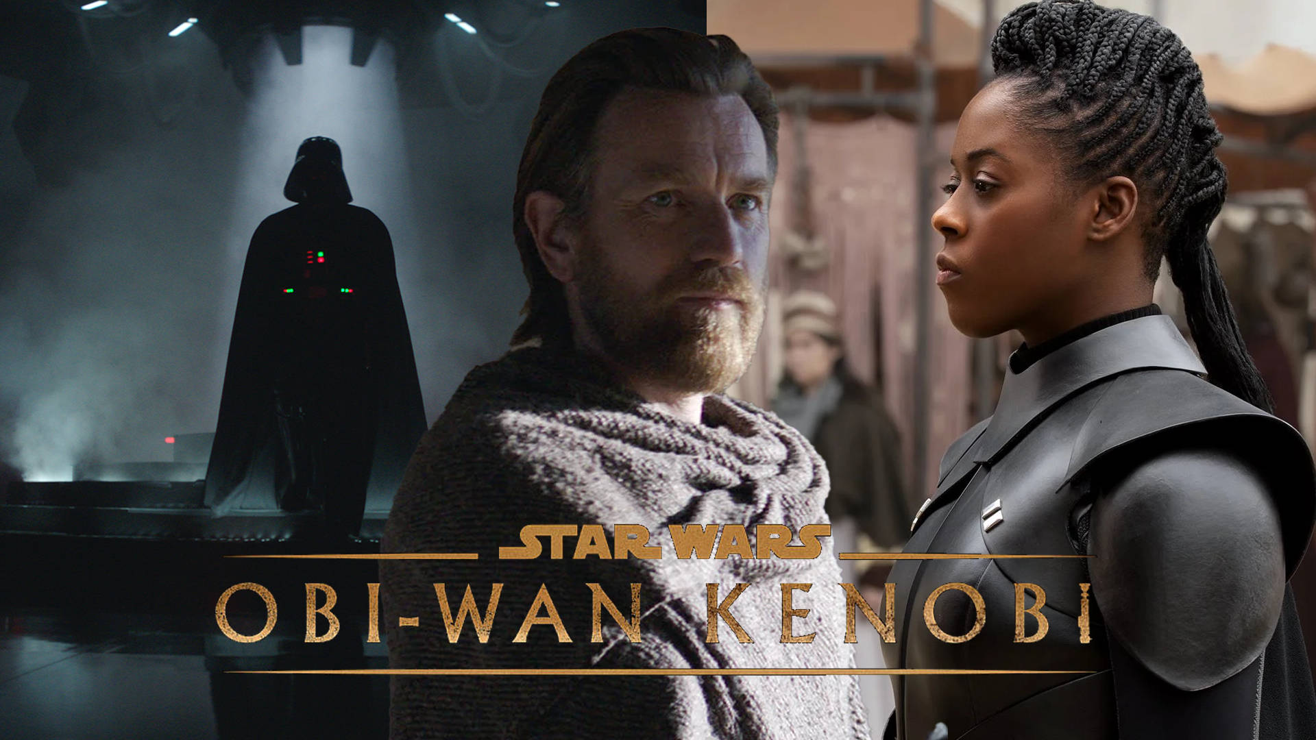 Kenobi 桌布 壁紙 — Obi-Wan Kenobi 和 Ahsoka Tano 與陰影背景中隱現的 Darth Vader 緊張對峙。