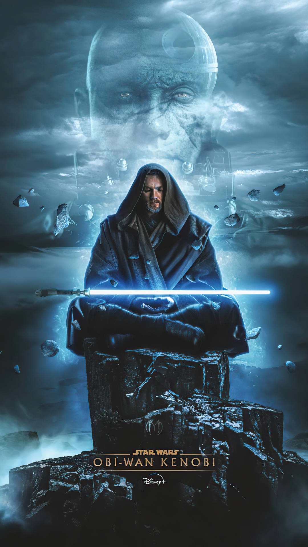 Kenobi 桌布 壁紙 — Obi-Wan Kenobi 在岩石露頭上冥想，手持發光的藍色光劍，幽靈般的 Darth Vader 在暴風雨的天空中盤旋在上方。