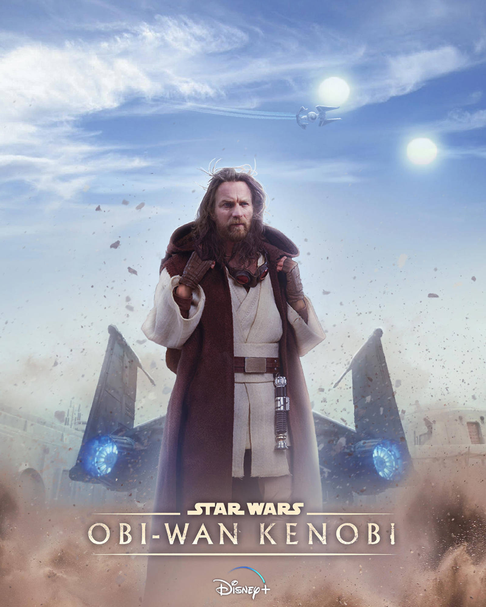 Kenobi 桌布 壁紙 — Obi-Wan Kenobi 在沙漠戰場上堅定站立，雙子太陽在上方，一架星際戰機劃過天空。