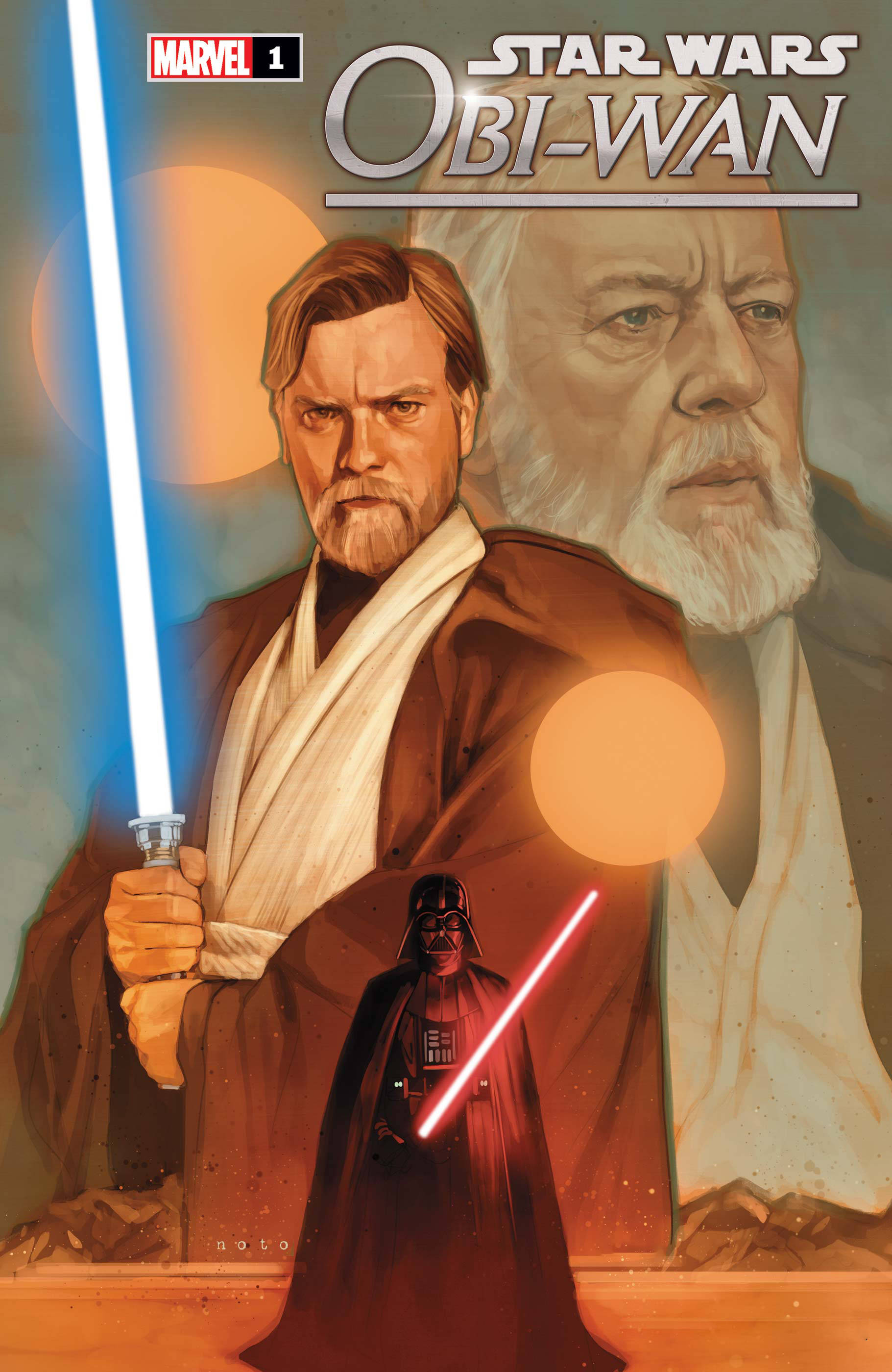 Kenobi 桌布 壁紙 — Obi-Wan Kenobi 手持藍色光劍，而 Darth Vader 站在下方，手持紅色光劍，背景溫暖發光。