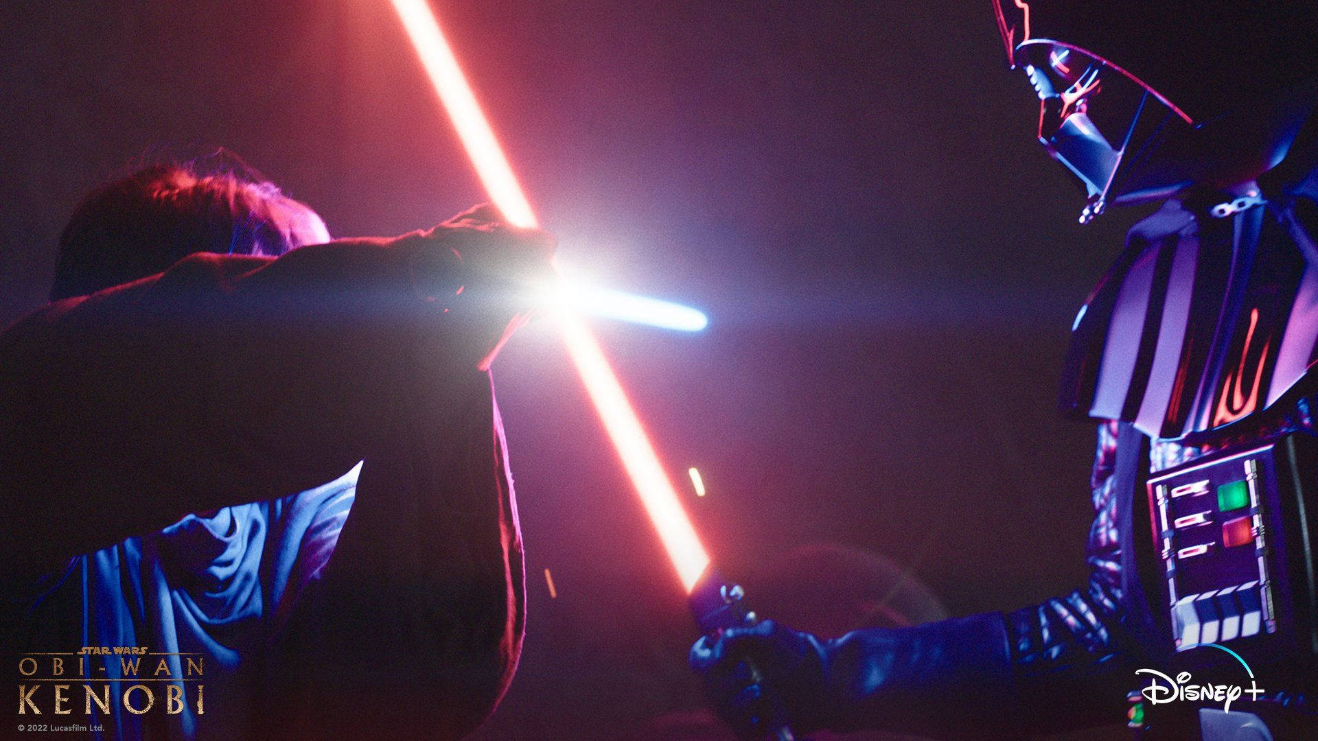 Kenobi 桌布 壁紙 — Obi-Wan Kenobi 與 Darth Vader 在紅藍光芒中展開一場戲劇性的光劍決鬥。