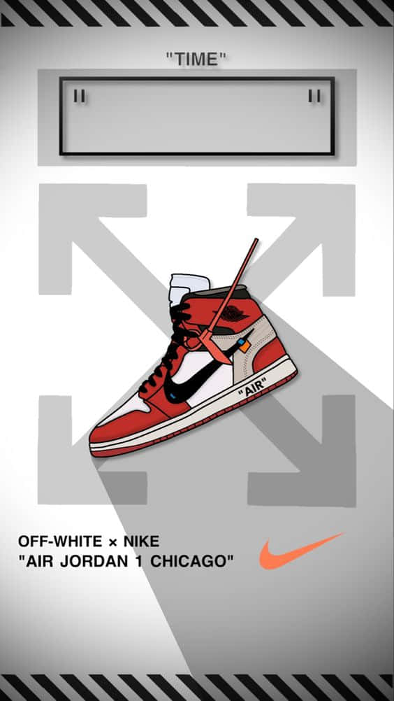 Off White x Nike Air Jordan 1 Chicago 運動鞋，灰色背景上帶有幾何箭頭和文字。 — Air Jordan 壁紙