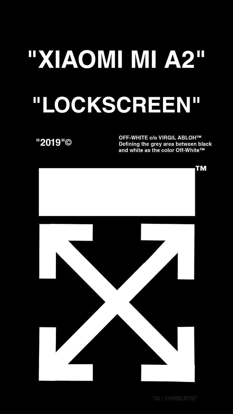 桌布 壁紙 — Off-White 為 Xiaomi Mi A2 設計的鎖定螢幕，採用極簡黑色背景，搭配粗體白色文字和箭頭標誌。