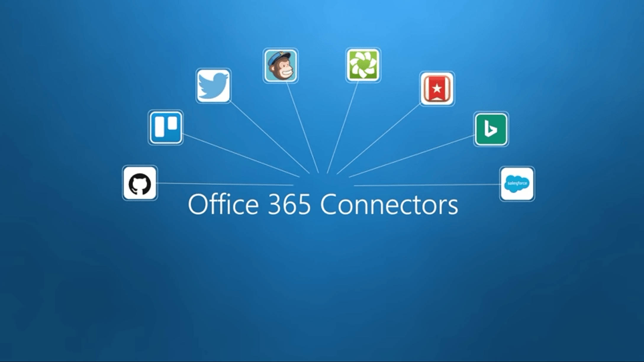Office 365 桌布 壁紙 — Office 365 Connectors 標誌，應用程式圖示在藍色漸層背景上向外輻射。