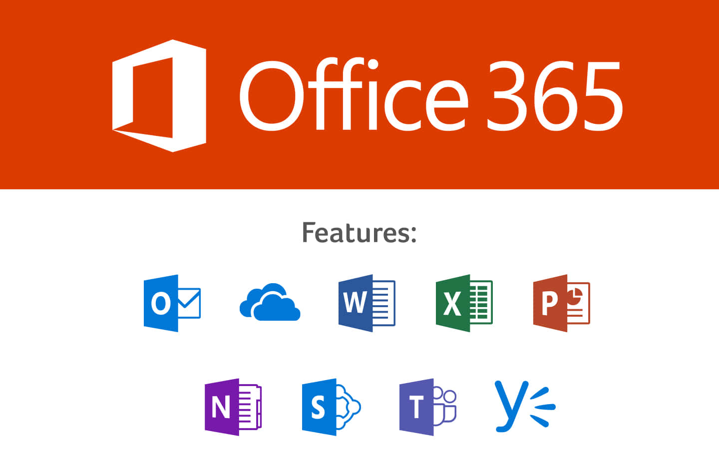 Office 365 桌布 壁紙 — Office 365 標誌和應用程式圖示顯示在鮮明的橙色和白色背景上。