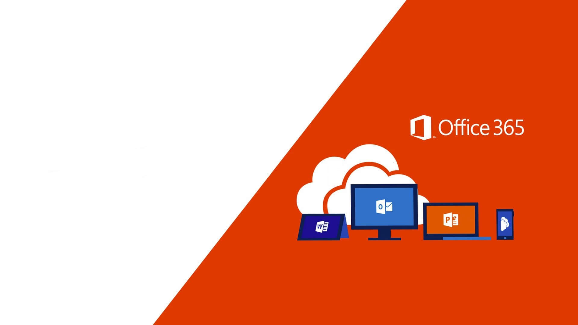 Office 365 桌布 壁紙 — Office 365 標誌和應用程式圖示，背景為大膽的橙色和白色對角線。