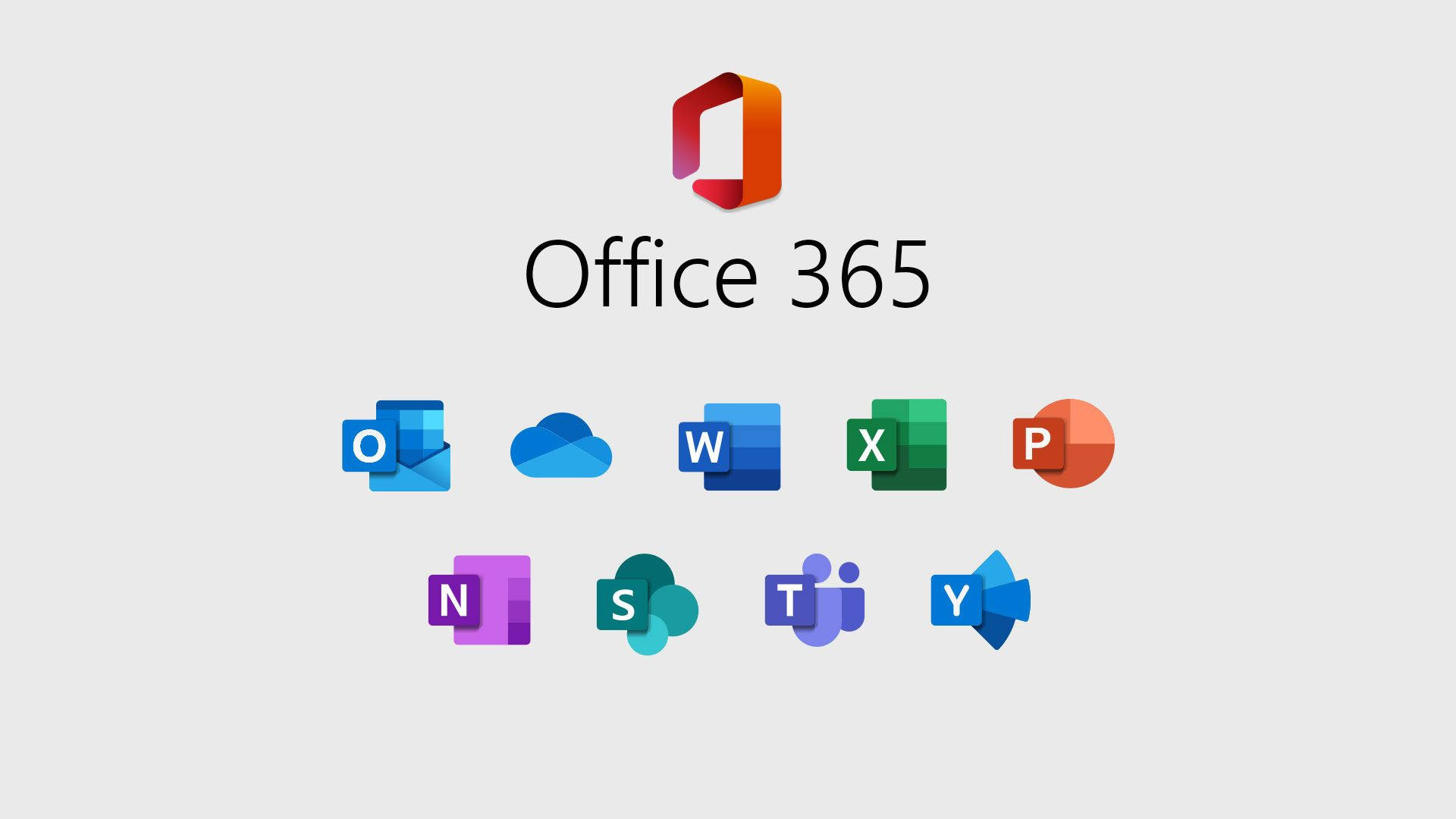 Office 365 桌布 壁紙 — Office 365 標誌和應用程式圖示顯示在淺灰色背景上，採用簡潔現代的佈局。